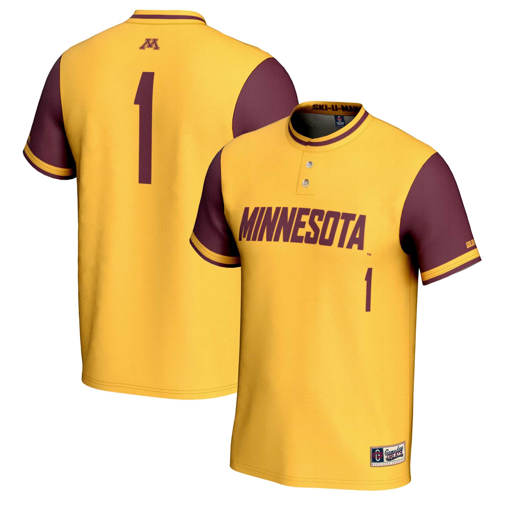 #1 Minnesota Golden Gophers Unisex Lightweight Softball Jersey Gold - front and back view