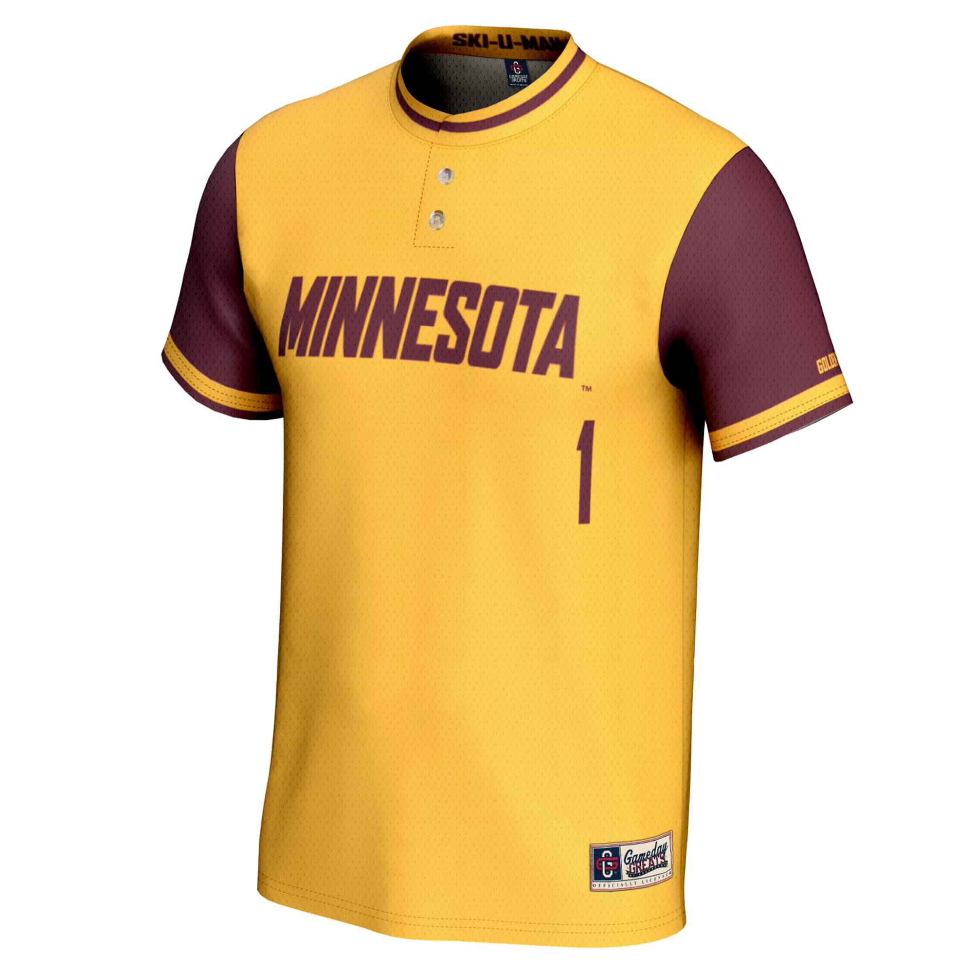 #1 Minnesota Golden Gophers Unisex Lightweight Softball Jersey Gold - front view