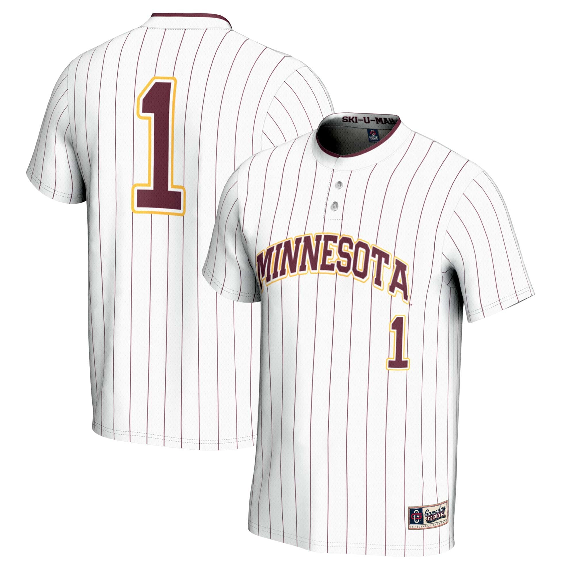 #1 Minnesota Golden Gophers Unisex Lightweight Softball Jersey White - front and back view