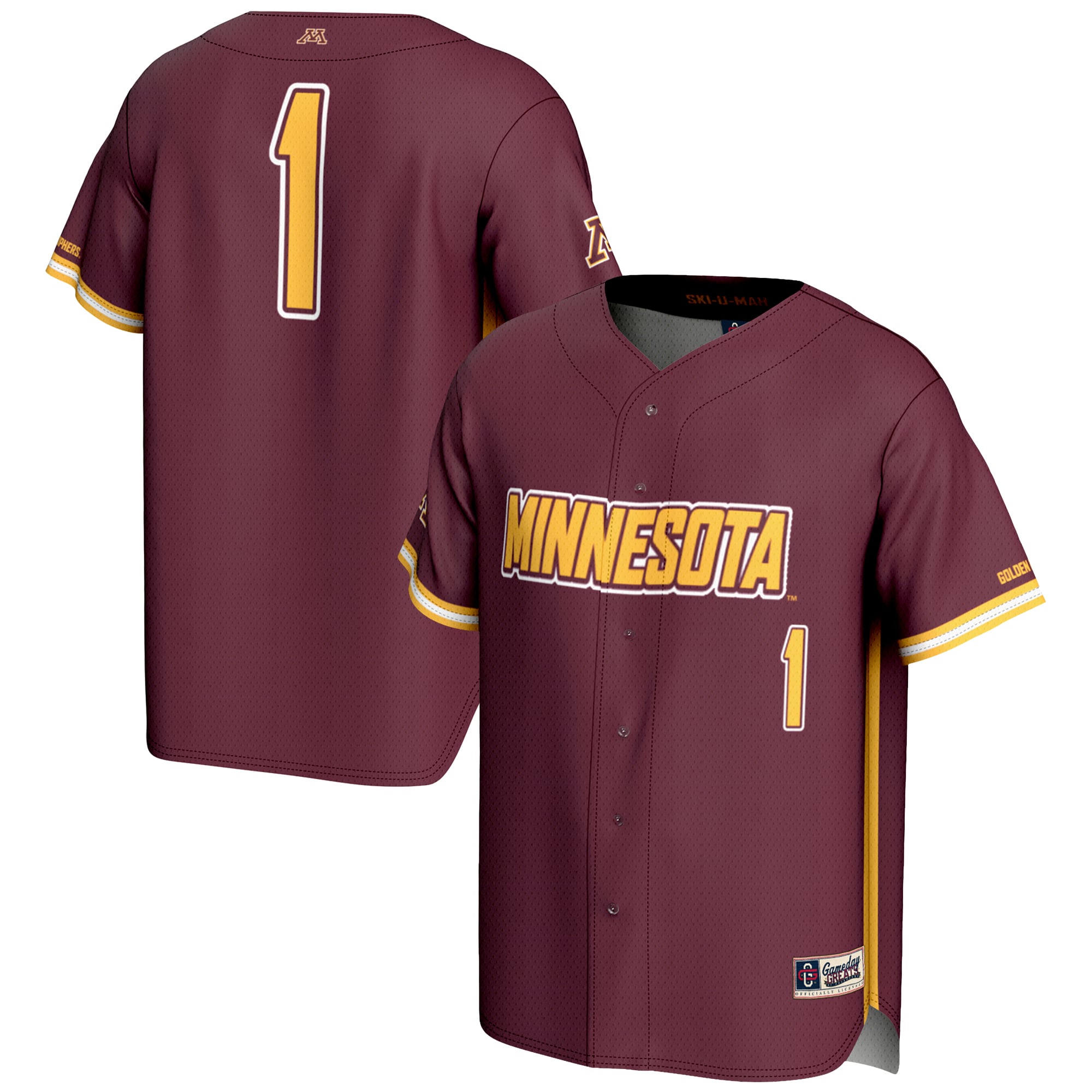 #1 Minnesota Golden Gophers Youth Baseball Jersey Lightweight Maroon - front and back view