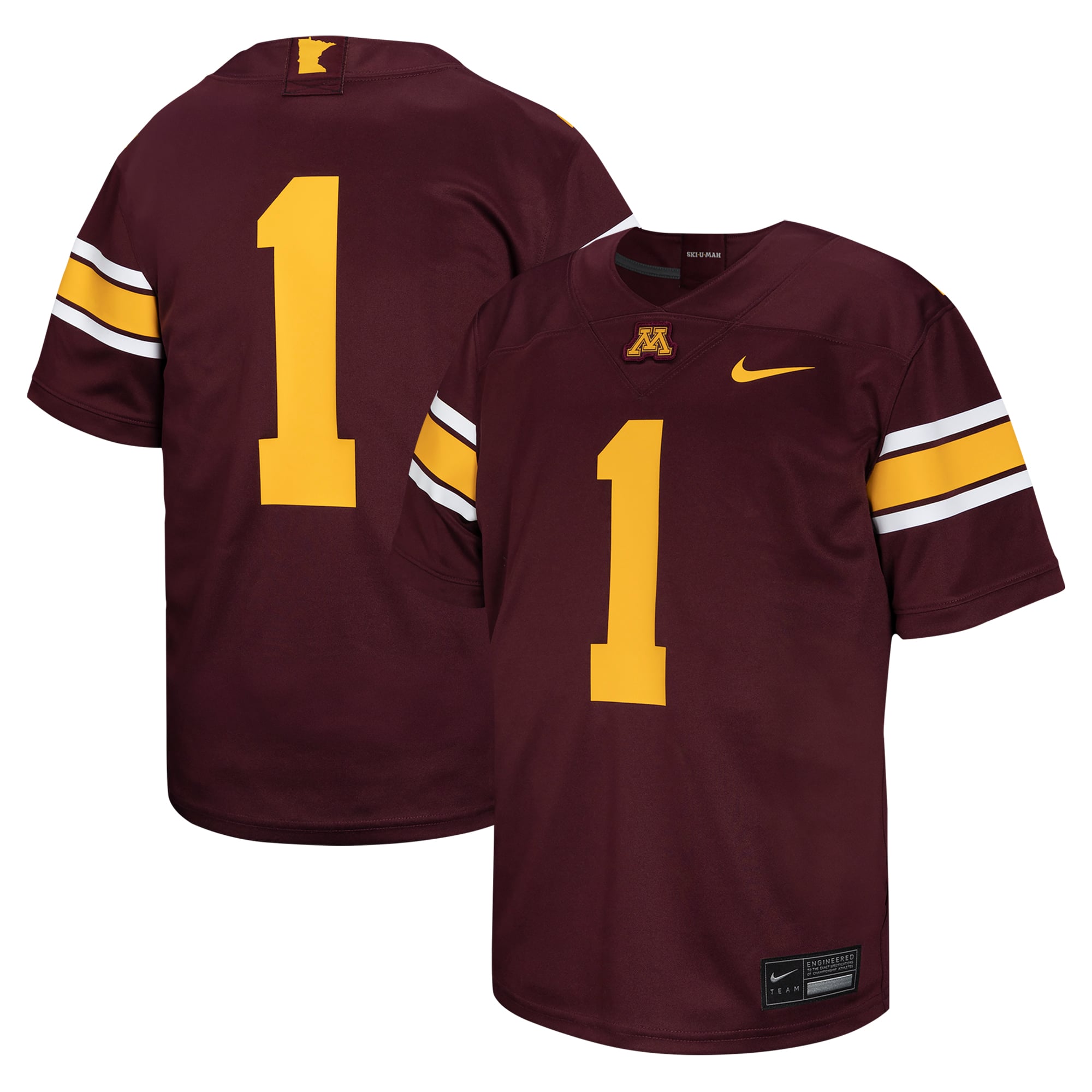 #1 Minnesota Golden Gophers Youth Football Jersey - Maroon - front and back view