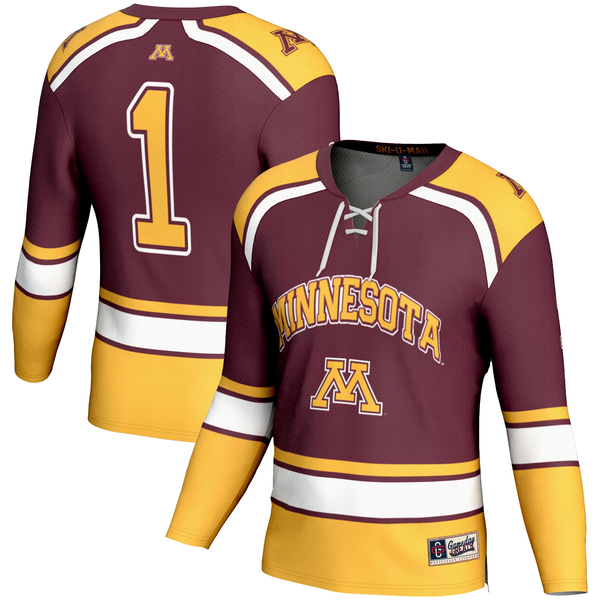 #1 Minnesota Golden Gophers Youth Hockey Jersey Maroon - front and back view