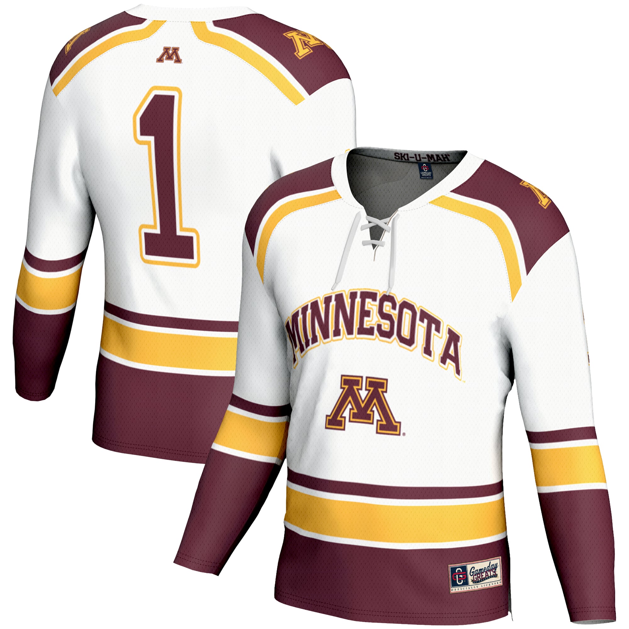 #1 Minnesota Golden Gophers Youth Hockey Jersey White - front and back view