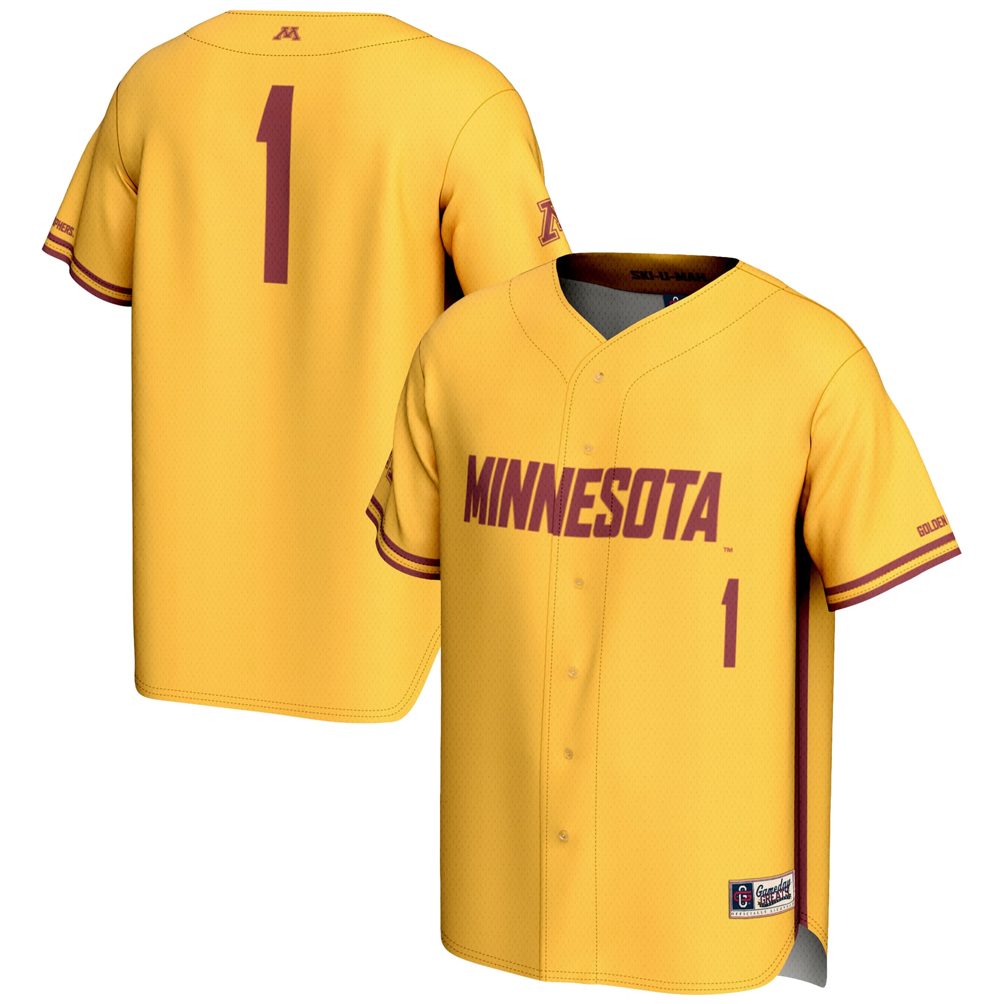 #1 Minnesota Golden Gophers Youth Lightweight Baseball Jersey Gold - front and back view