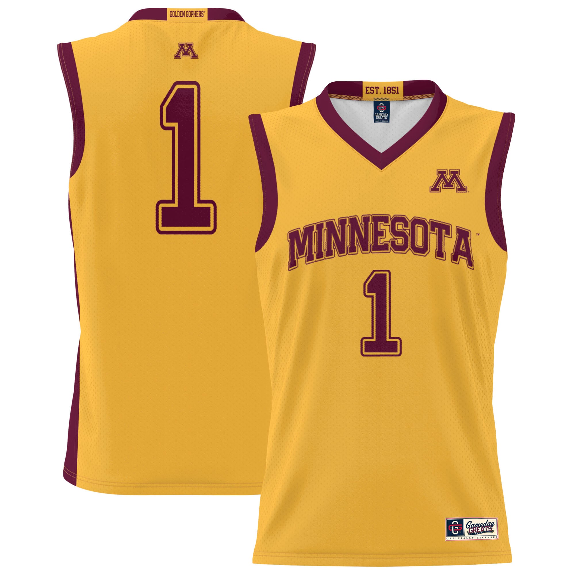 #1 Minnesota Golden Gophers Youth Lightweight Basketball Jersey Gold - front and back view