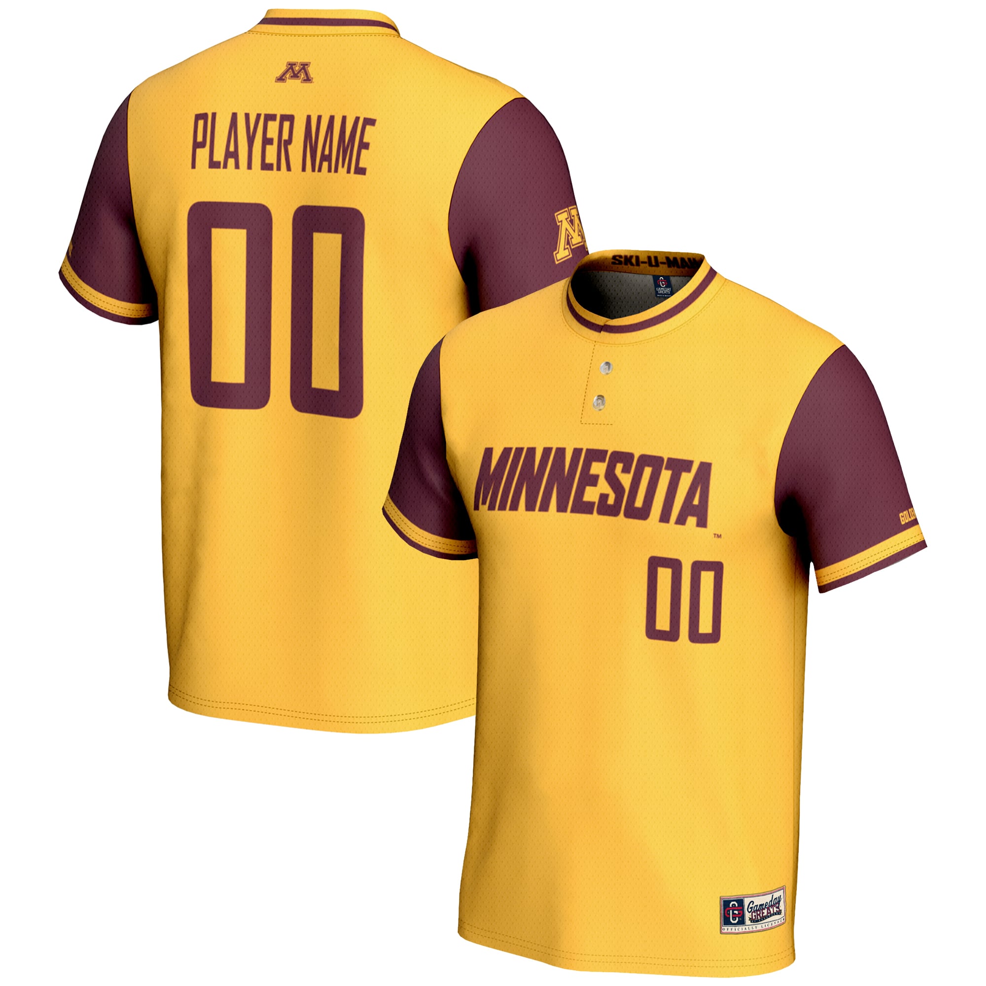 Minnesota Golden Gophers Youth Lightweight Softball Jersey Gold - front and back view