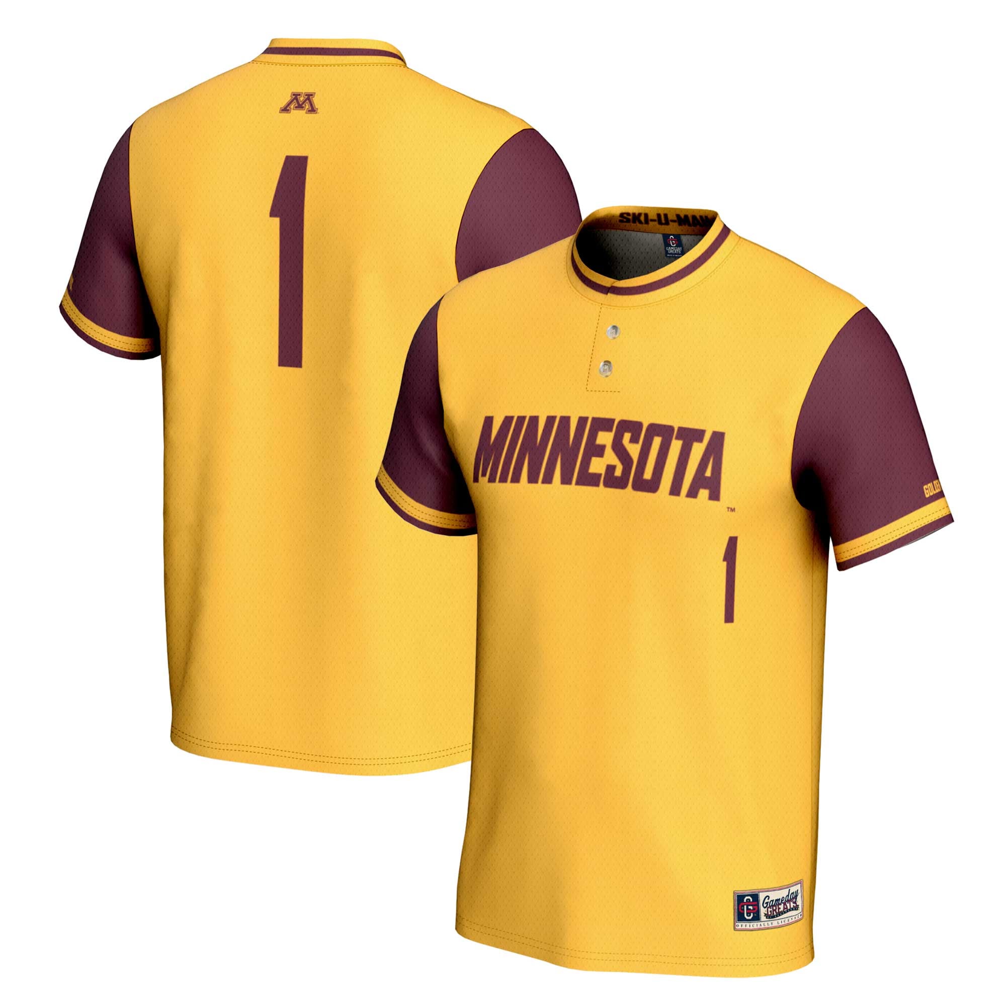 #1 Minnesota Golden Gophers Youth Lightweight Softball Jersey Gold - front and back view