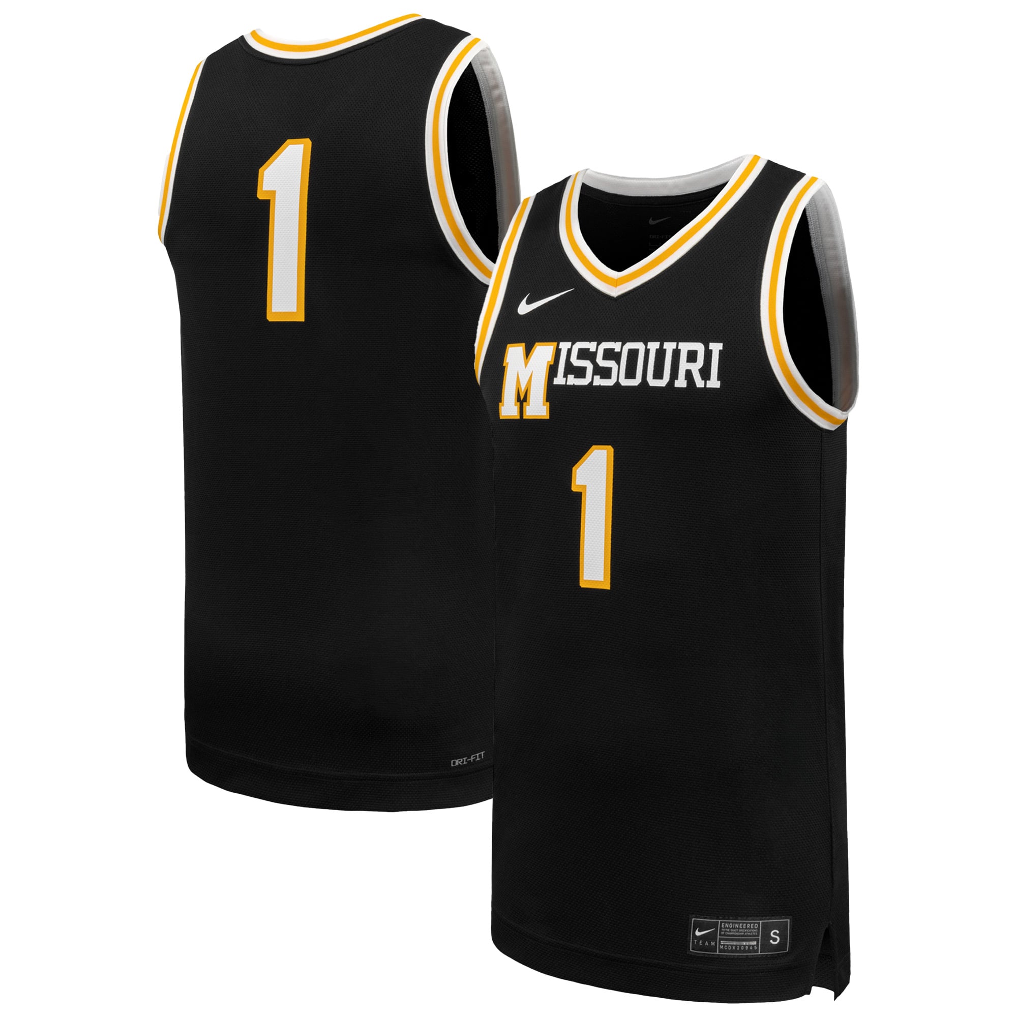 #1 Missouri Tigers Basketball Jersey Black - front and back view