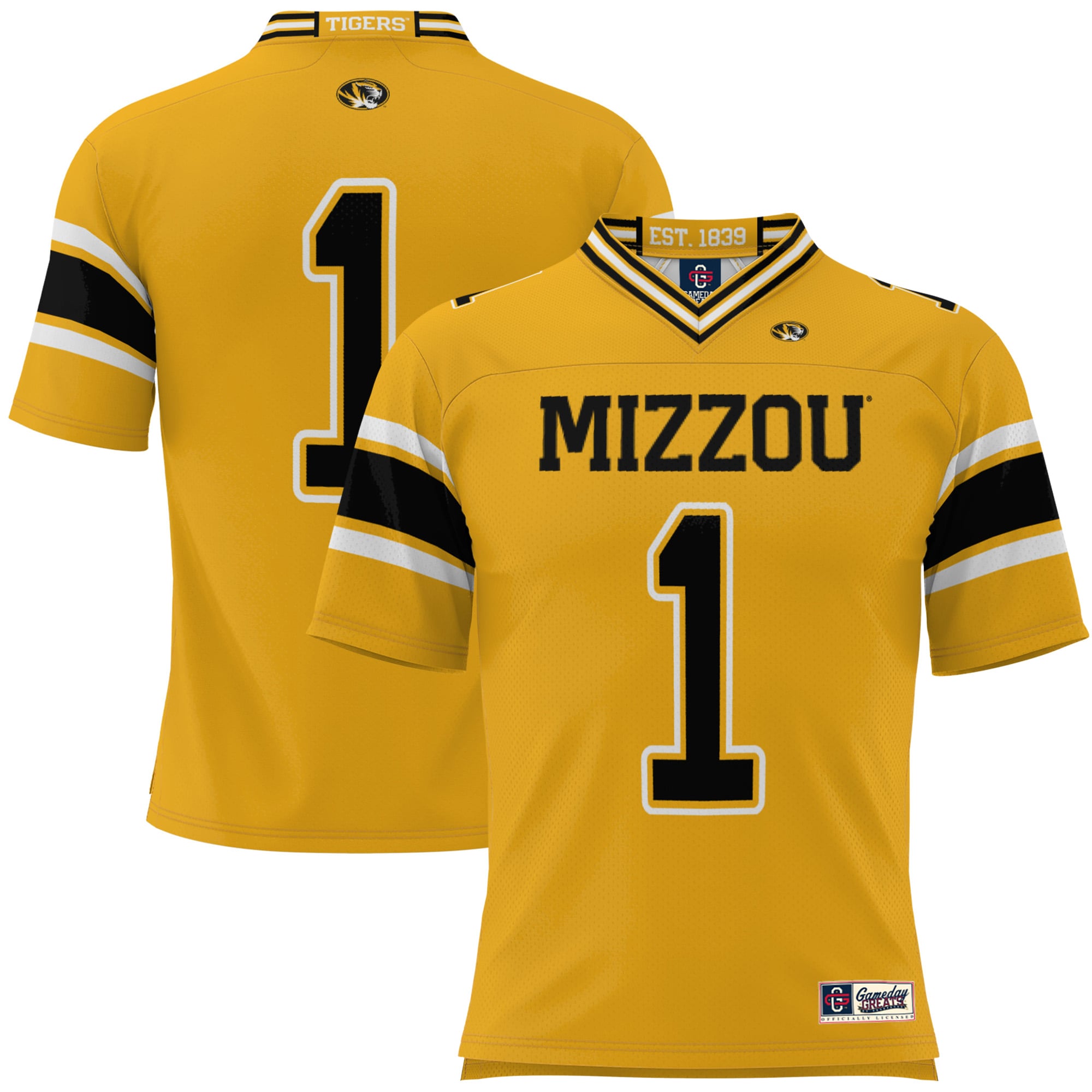 #1 Missouri Tigers Youth Football Jersey Gold - front view