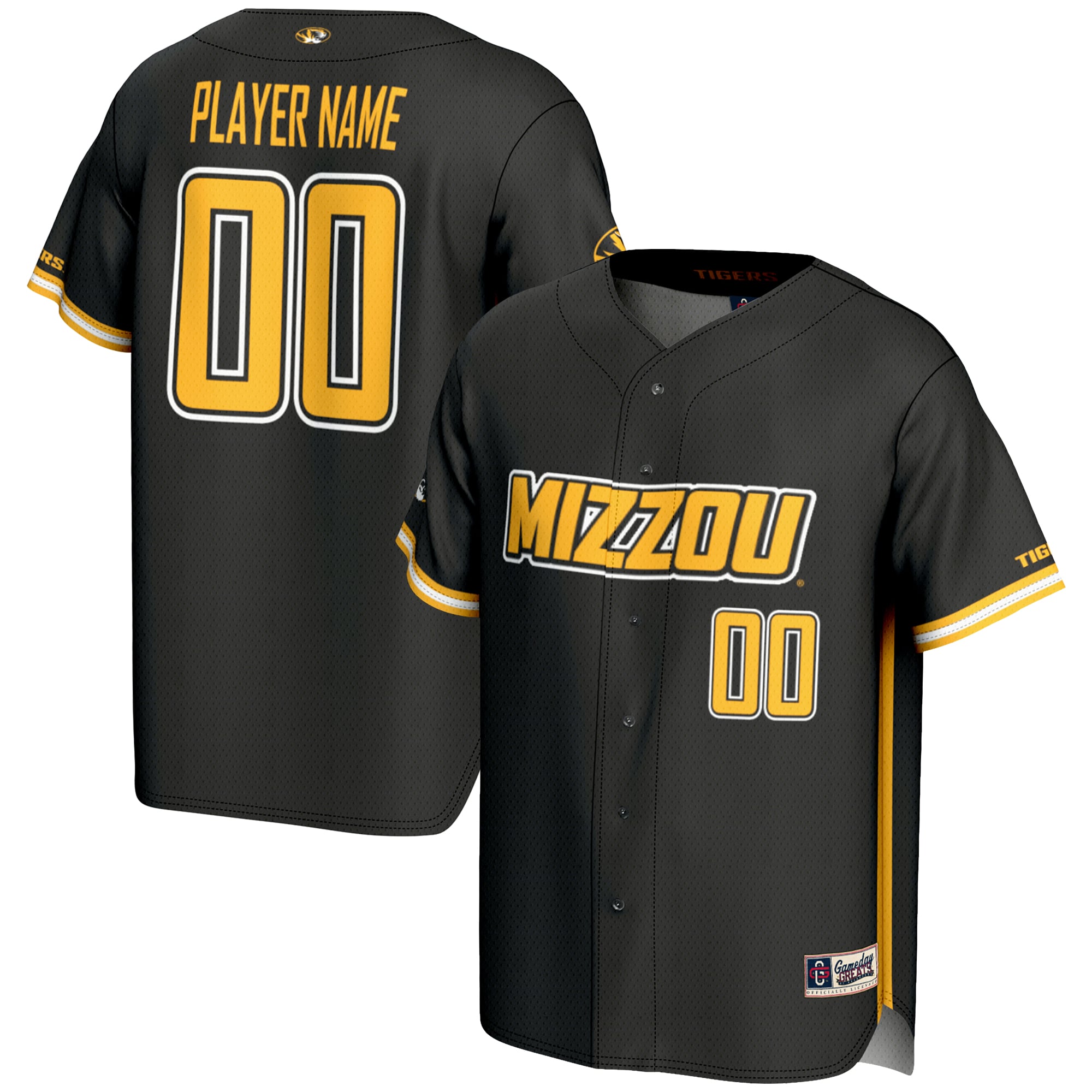 Missouri Tigers Lightweight Baseball Jersey Black - front and back view