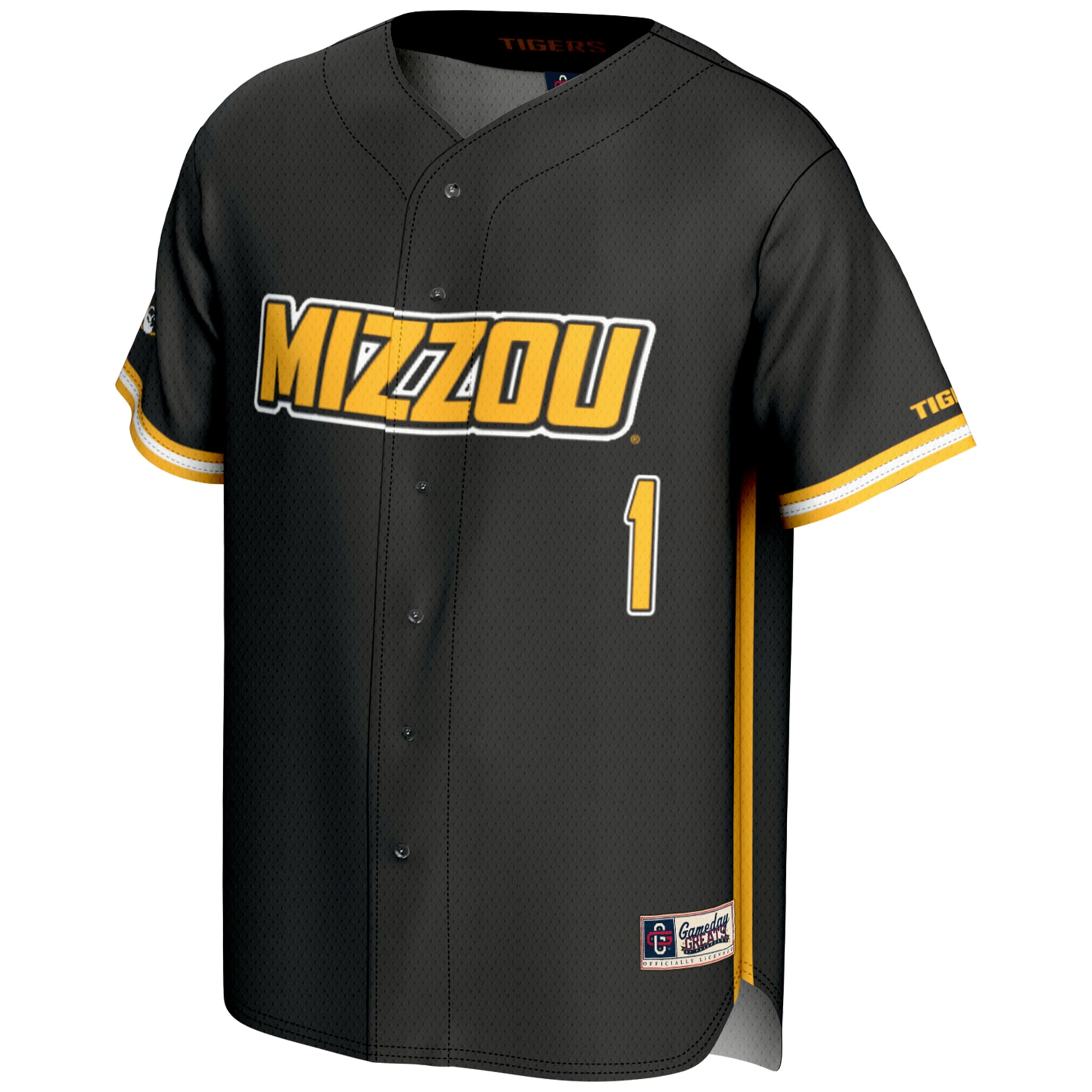 #1 Missouri Tigers Lightweight Baseball Jersey Black - front view