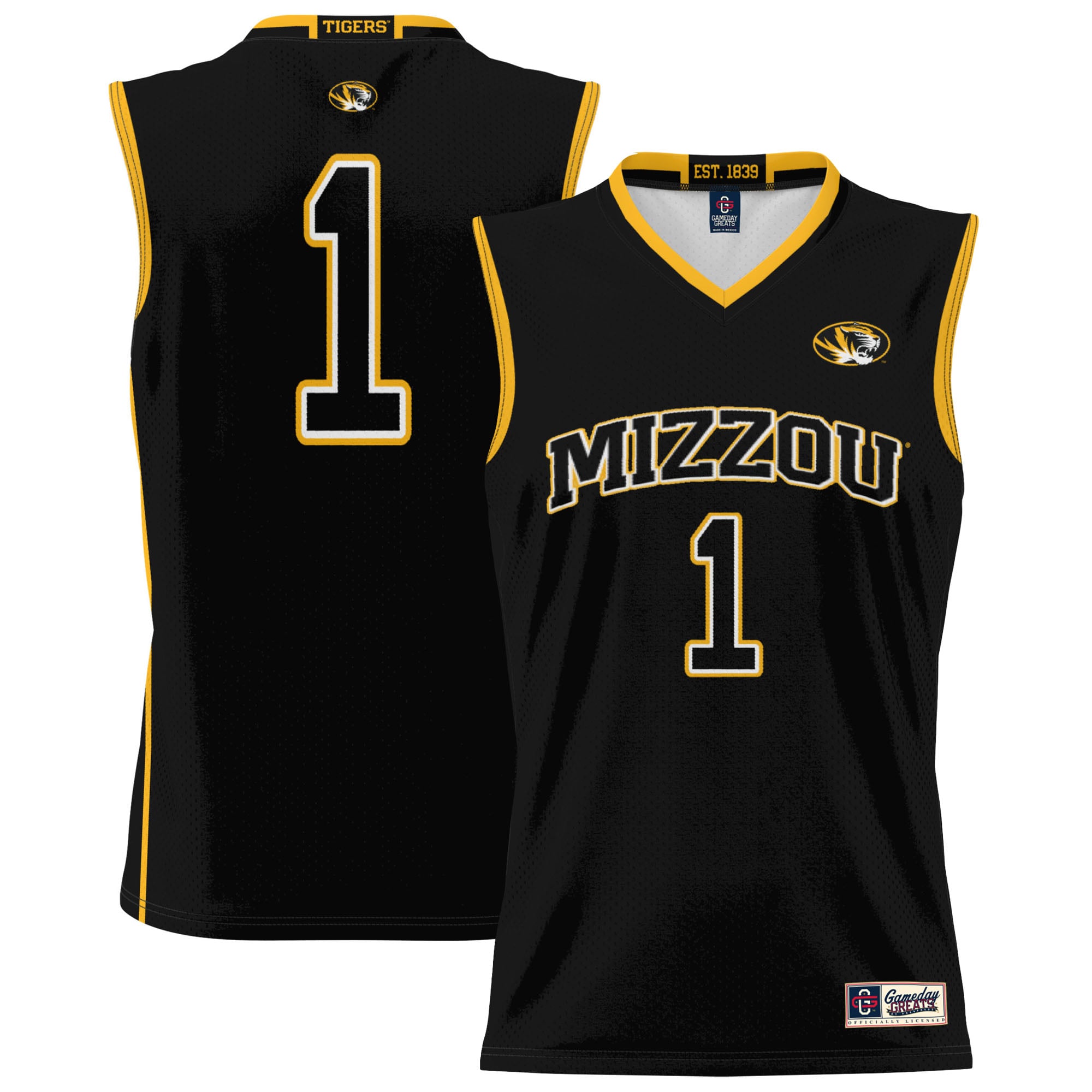 #1 Missouri Tigers Unisex Lightweight Basketball Jersey Black - front and back view