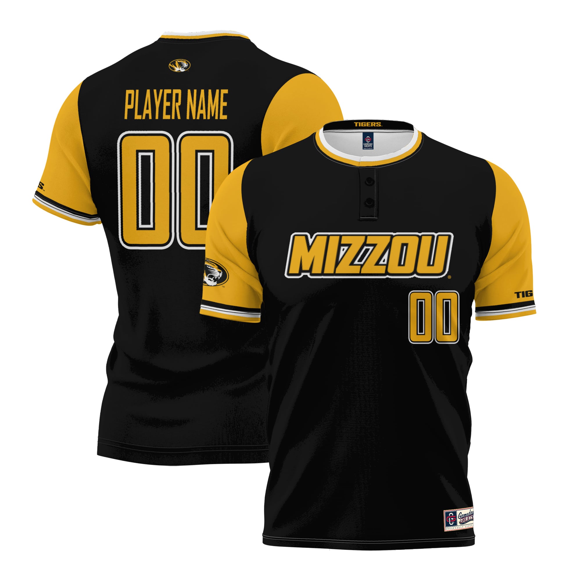 Missouri Tigers Unisex Lightweight Softball Jersey Black - front and back view