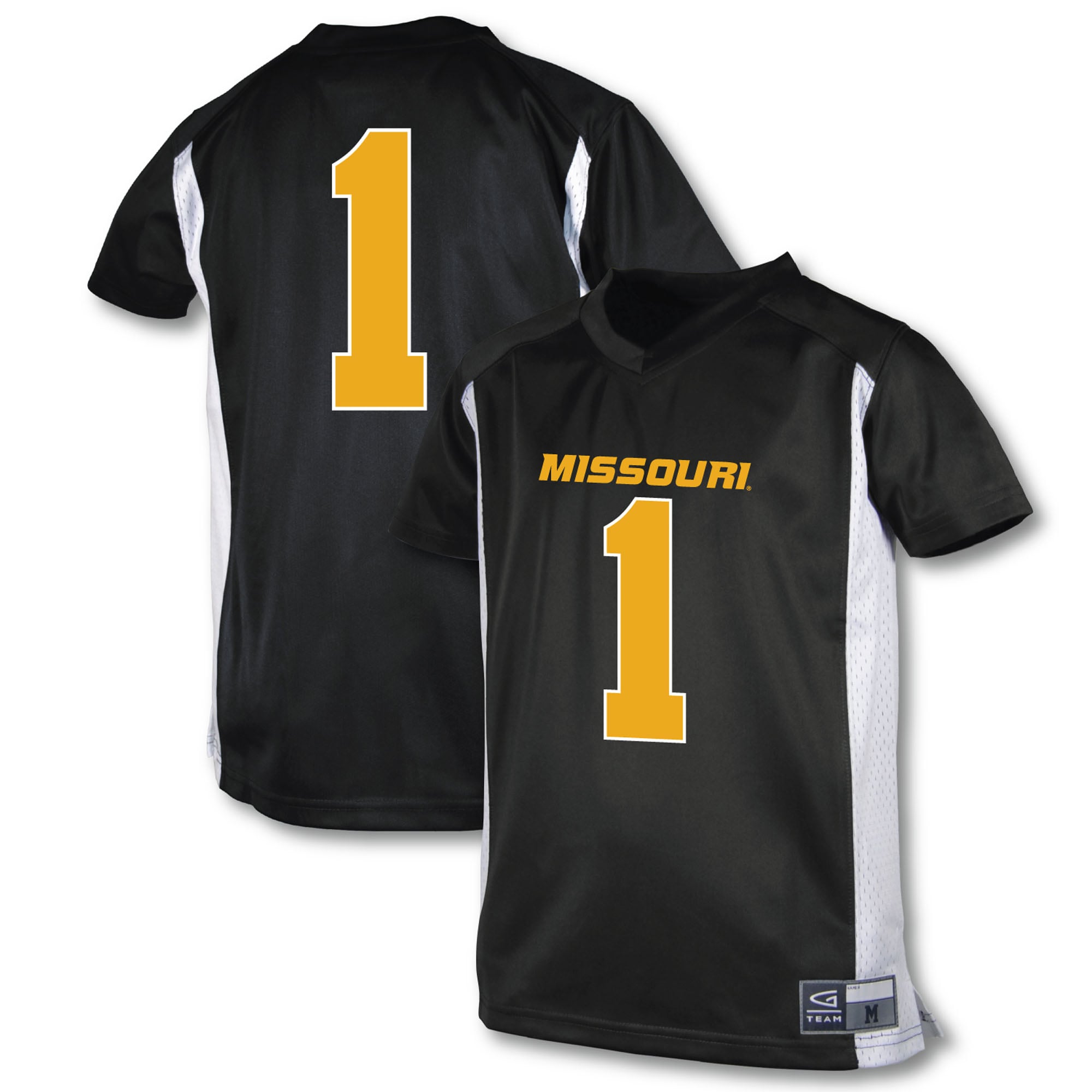 #1 Missouri Tigers Youth Football Jersey Black - front and back view