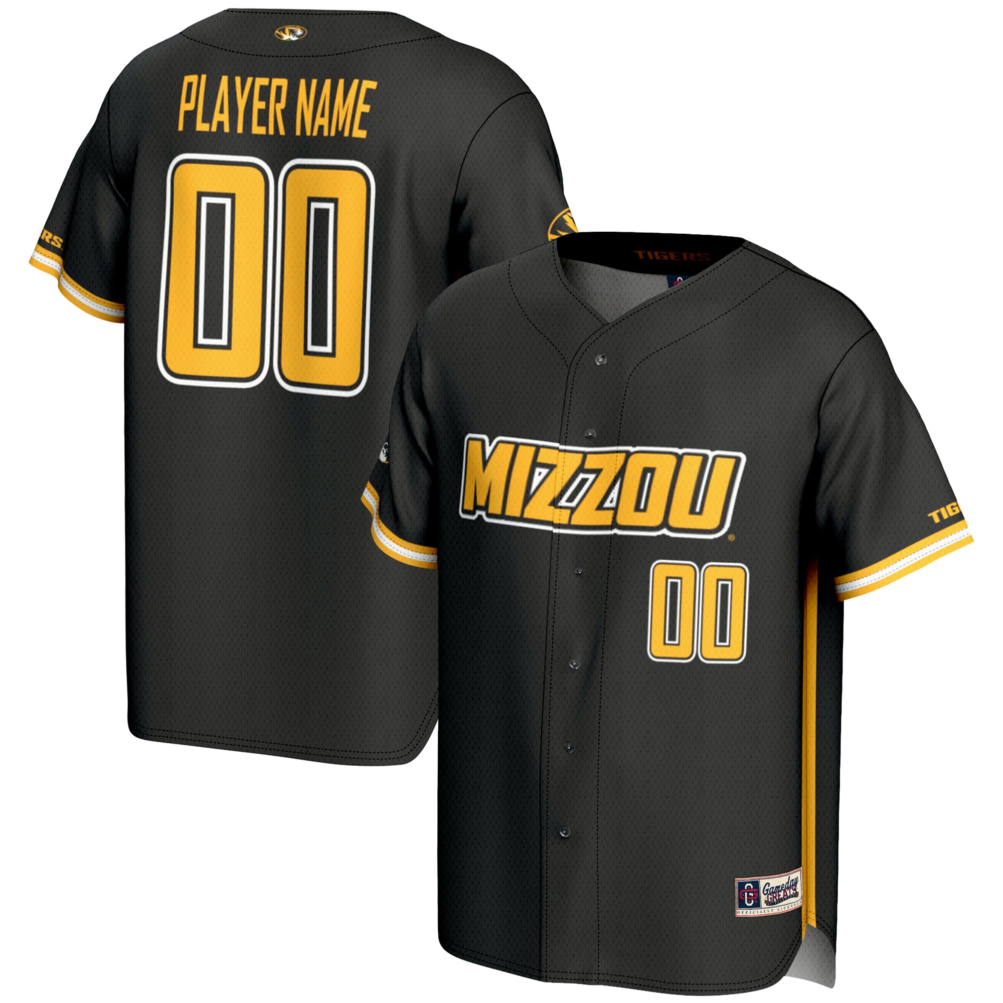 Missouri Tigers Youth Lightweight Baseball Jersey Black - front and back view