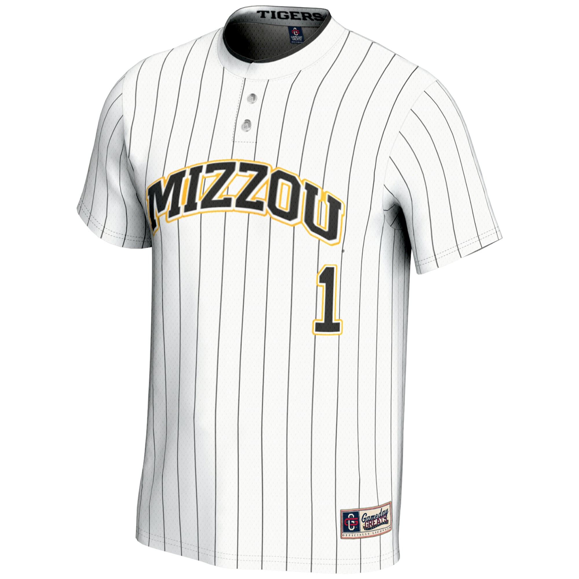 #1 Missouri Tigers Youth Lightweight Softball Jersey White - front view