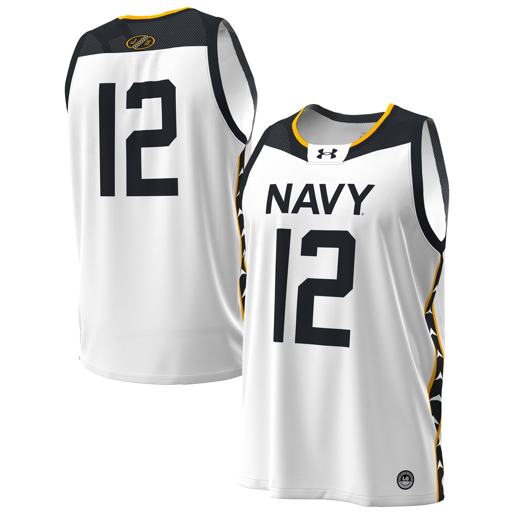 #12 Navy Midshipmen Jolly Rogers Alternate Basketball Jersey White - front and back view