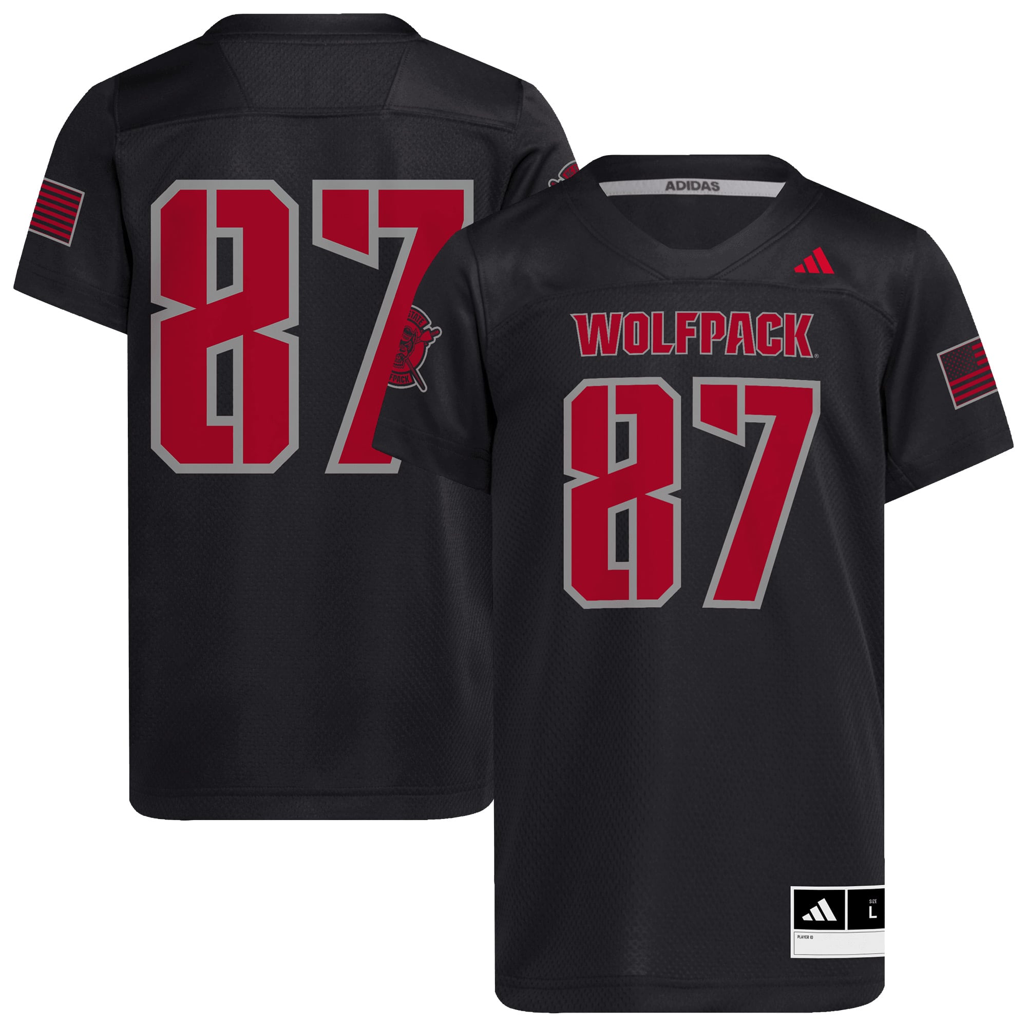 #87 NC State Wolfpack Youth Honor & Support Strategy Football Jersey Black - front and back view