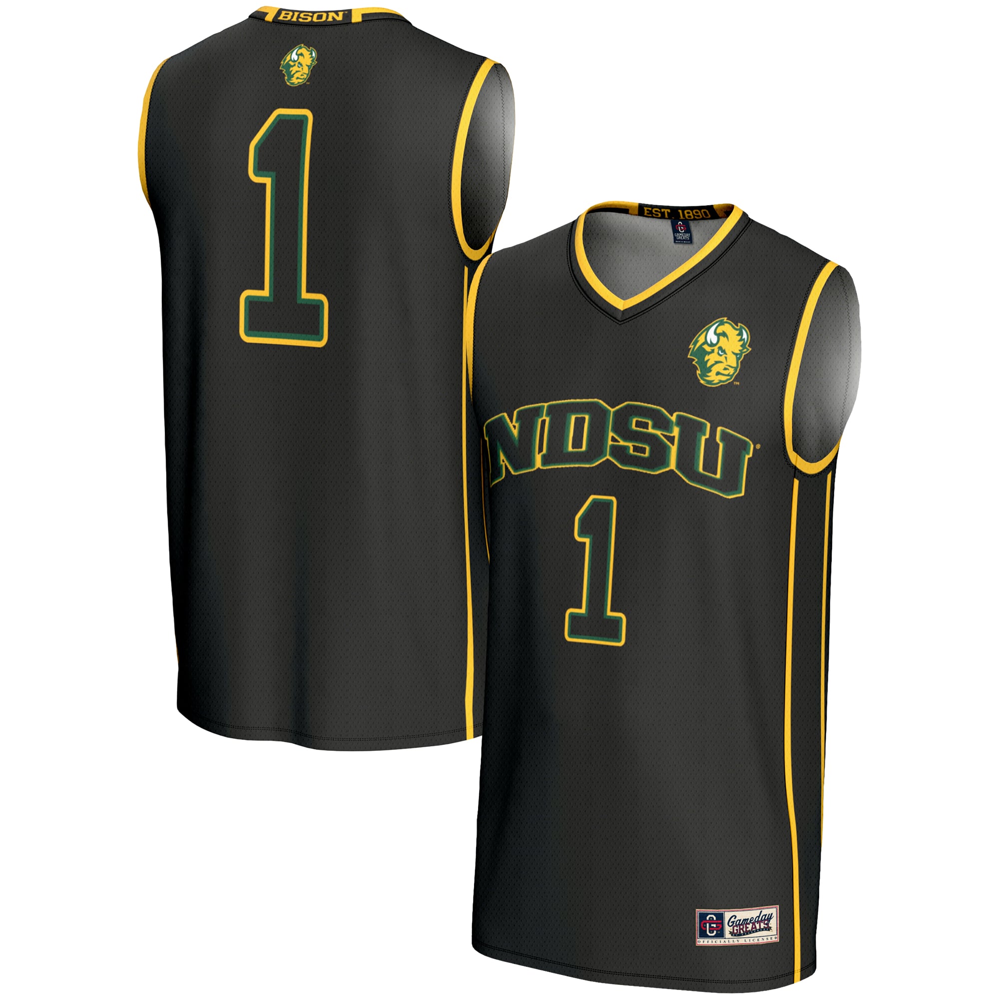 #1 NDSU Bison Youth Lightweight Basketball Jersey Black - front and back view