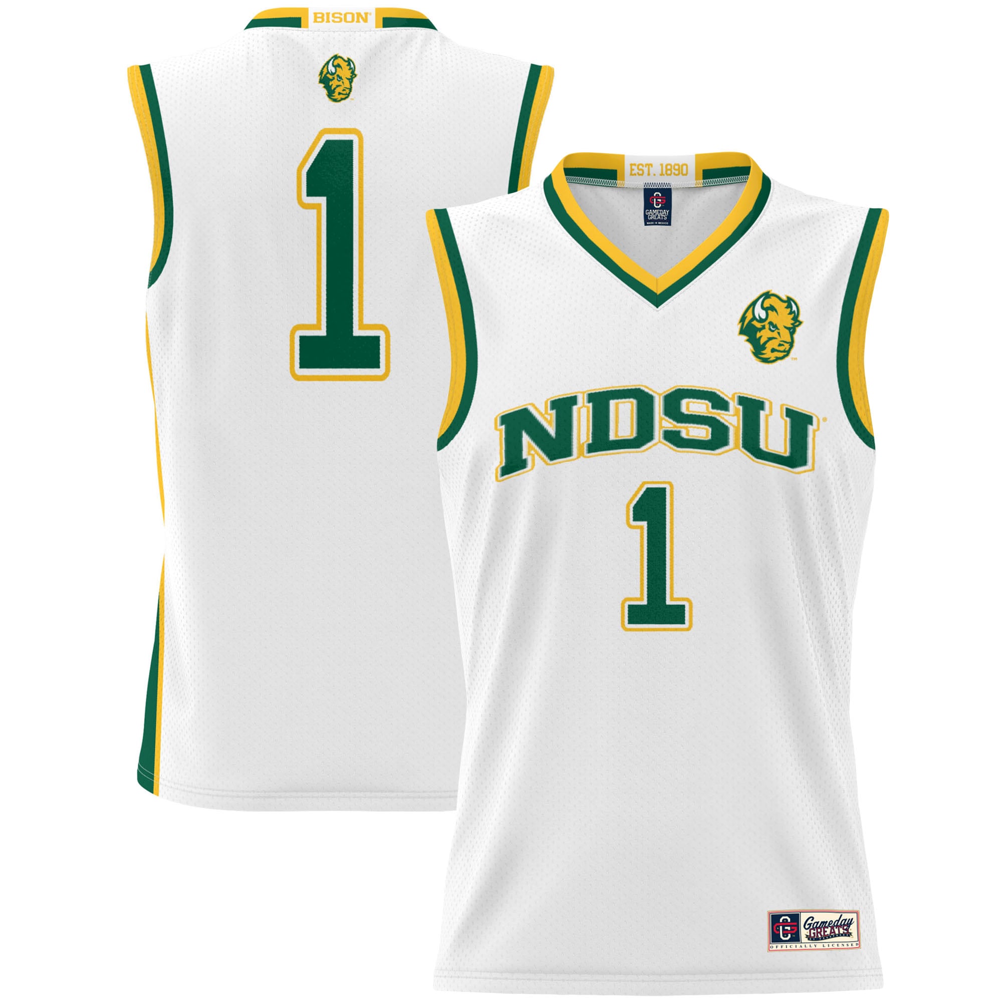 #1 NDSU Bison Youth Lightweight Basketball Jersey White - front and back view