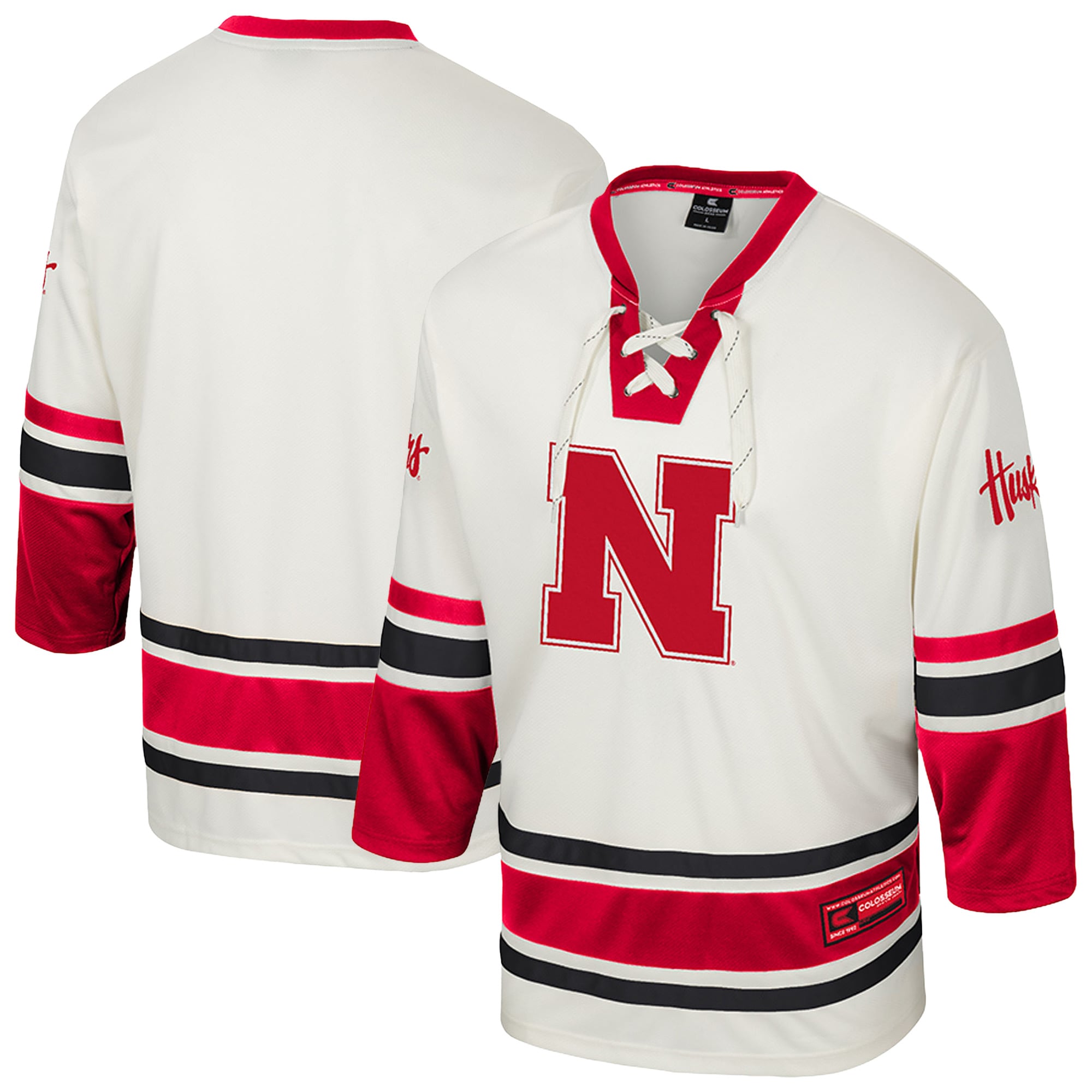 Nebraska Huskers Puck Proud Fashion Hockey Jersey Cream - front and back view