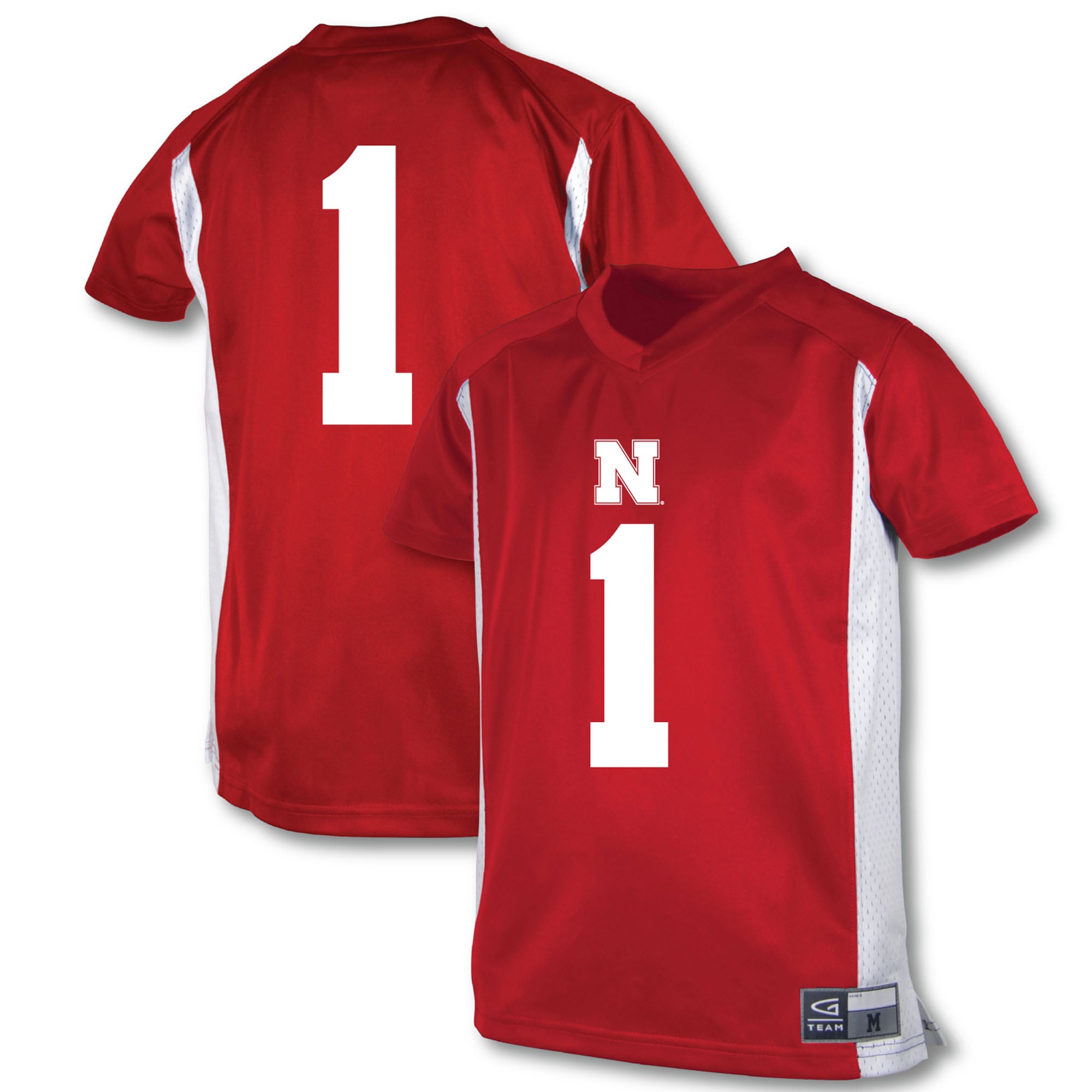 #1 Nebraska Huskers Youth Football Jersey Scarlet - front and back view