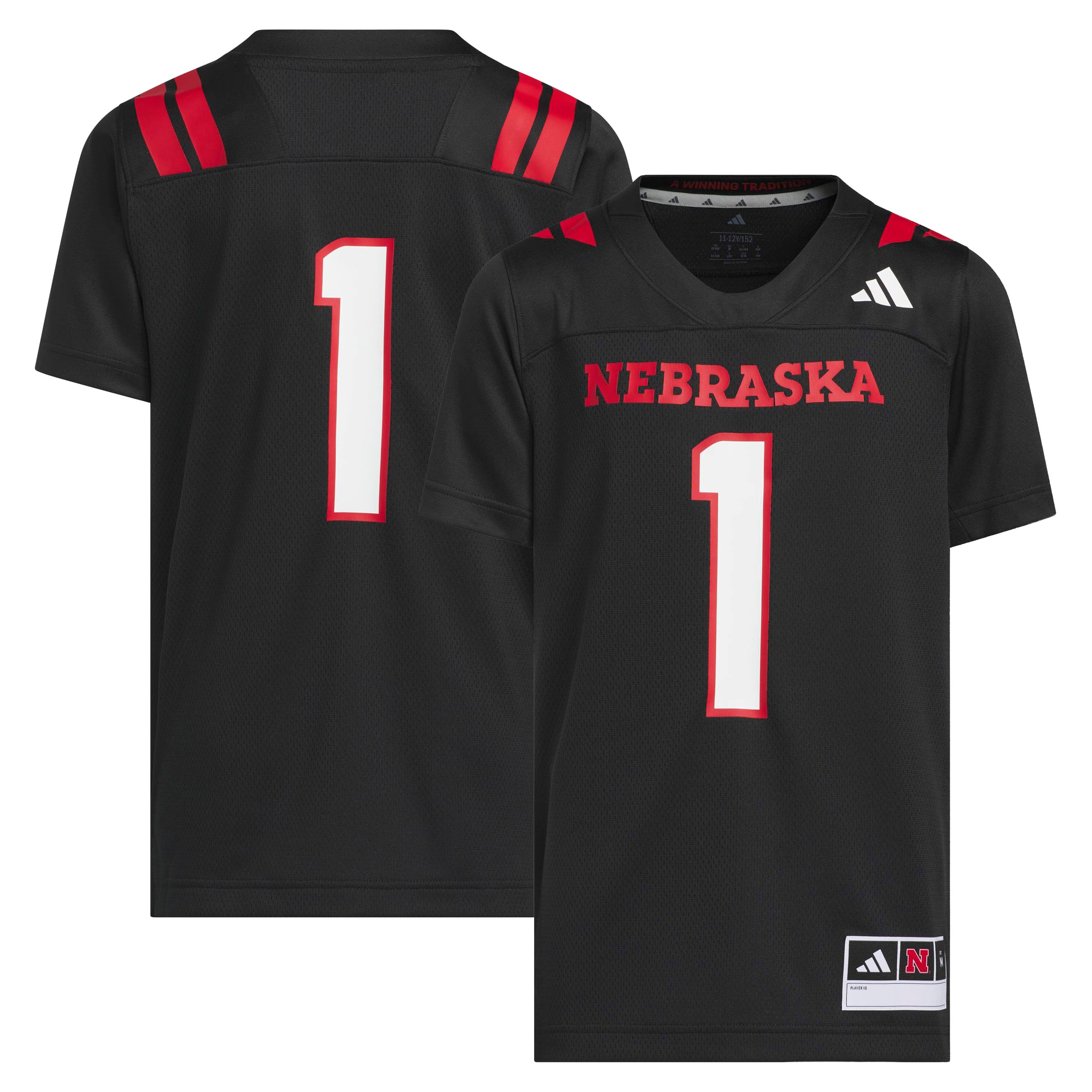 #1 Nebraska Huskers Youth Our Red Burns Brighter Strategy Football Jersey - front and back view
