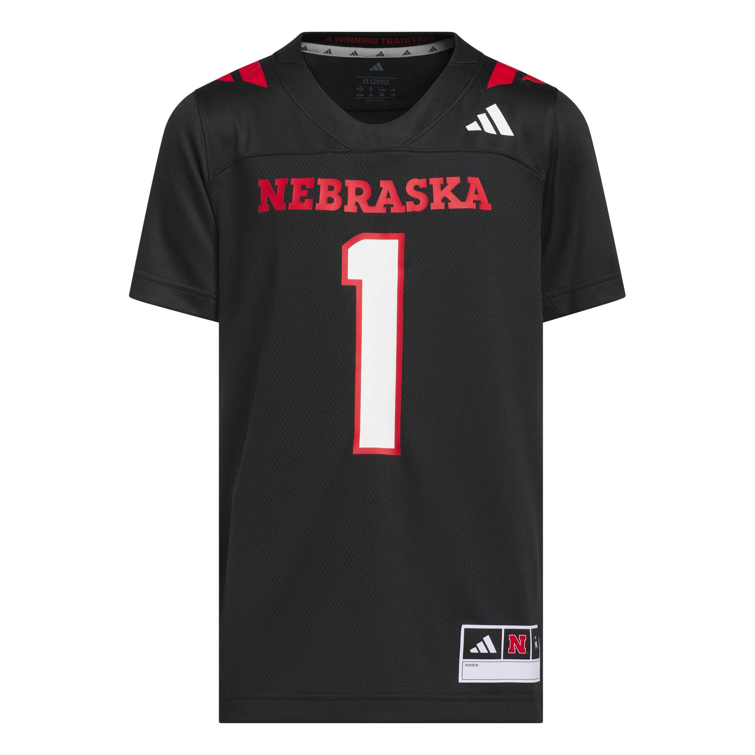 #1 Nebraska Huskers Youth Our Red Burns Brighter Strategy Football Jersey Black - front view