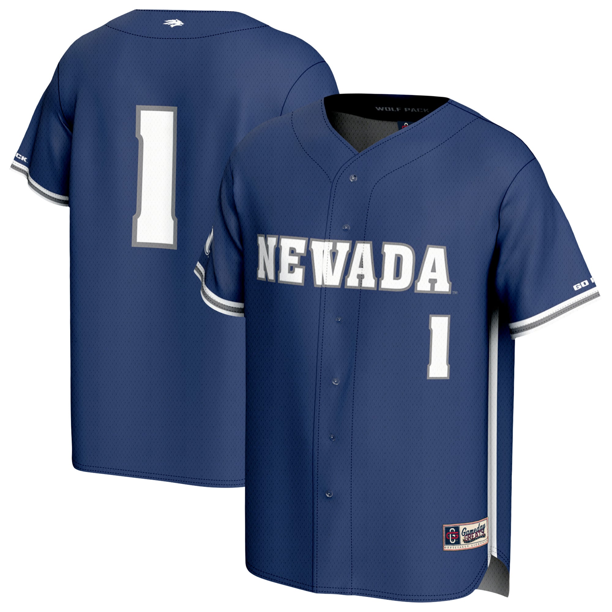 Nevada Wolf Pack Youth Lightweight Baseball Jersey Navy - front and back view