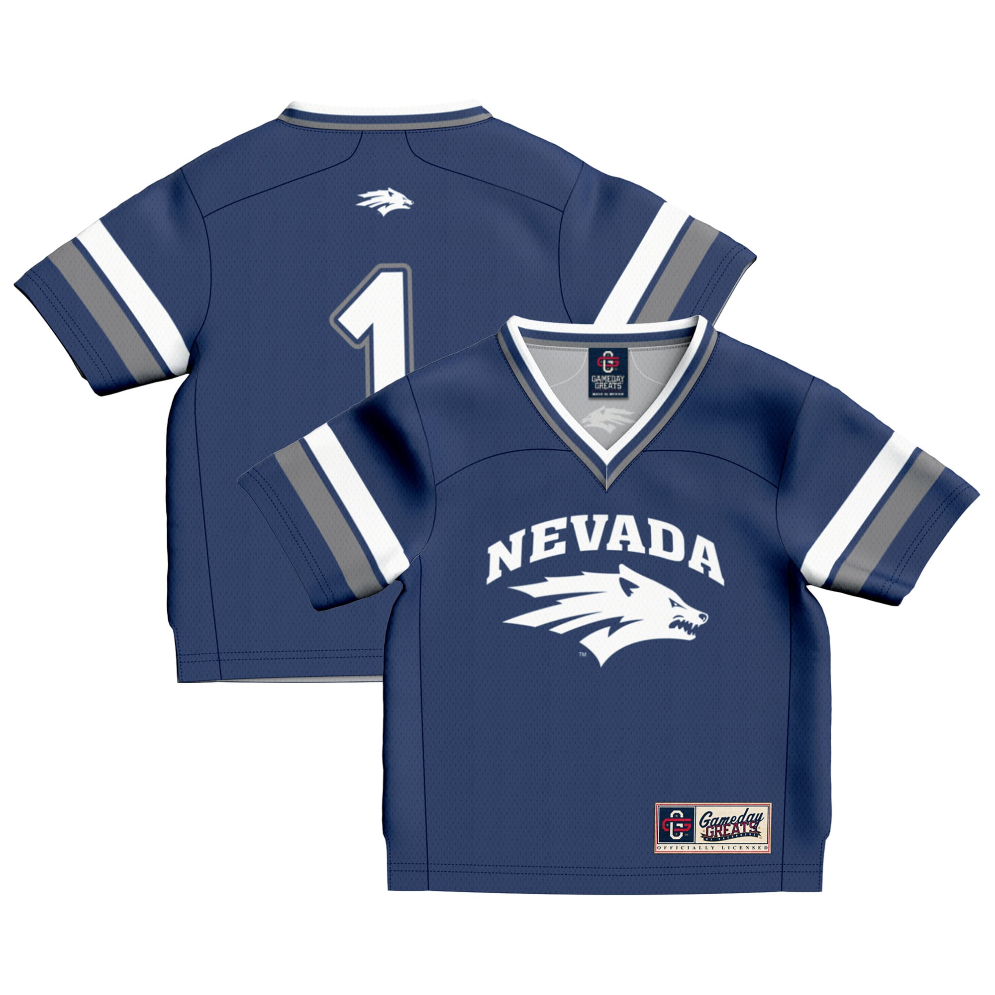 #1 Nevada Wolf Pack Toddler Lightweight Collegiate Football Fashion Jersey - front and back view