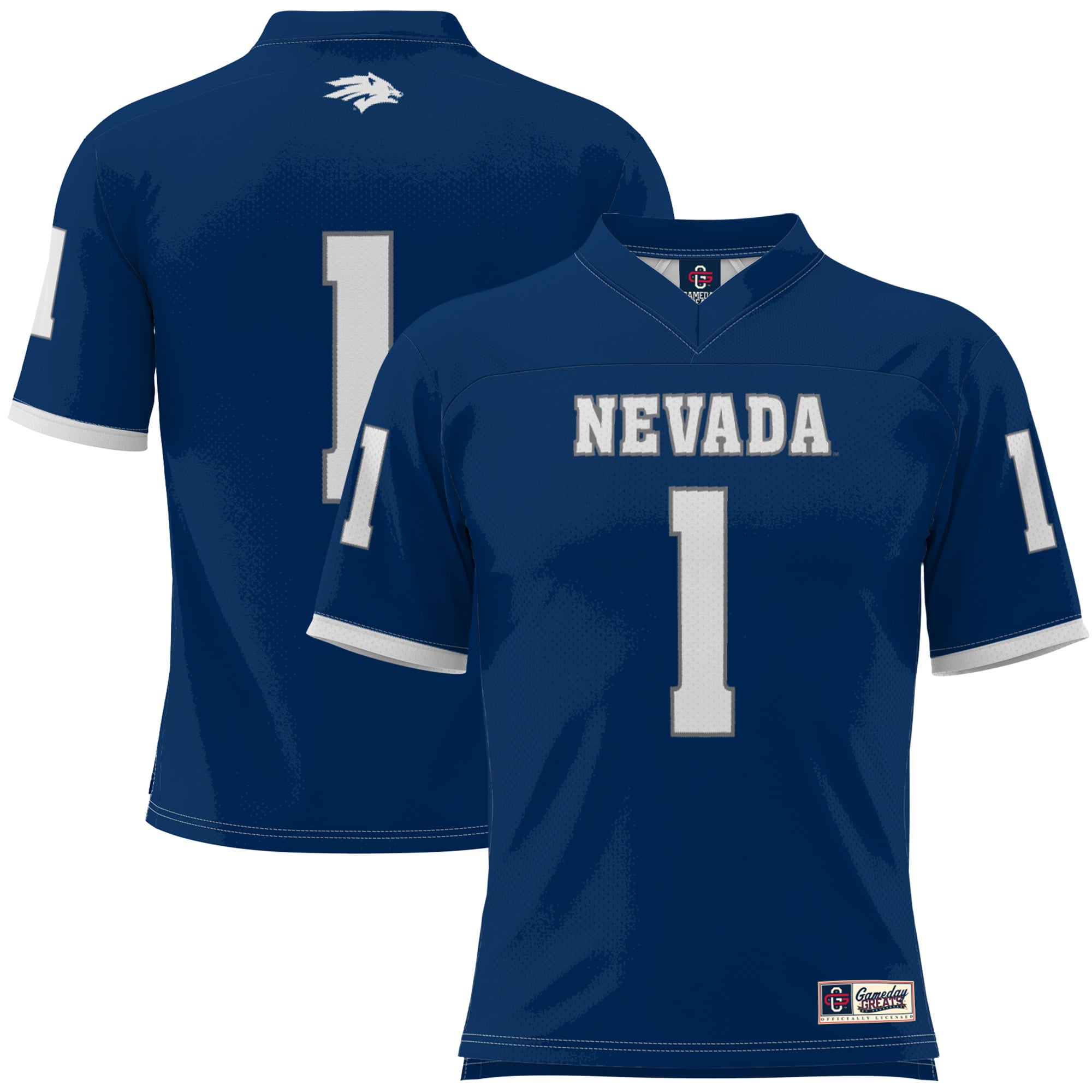#1 Nevada Wolf Pack Youth Football Jersey Navy - front and back view