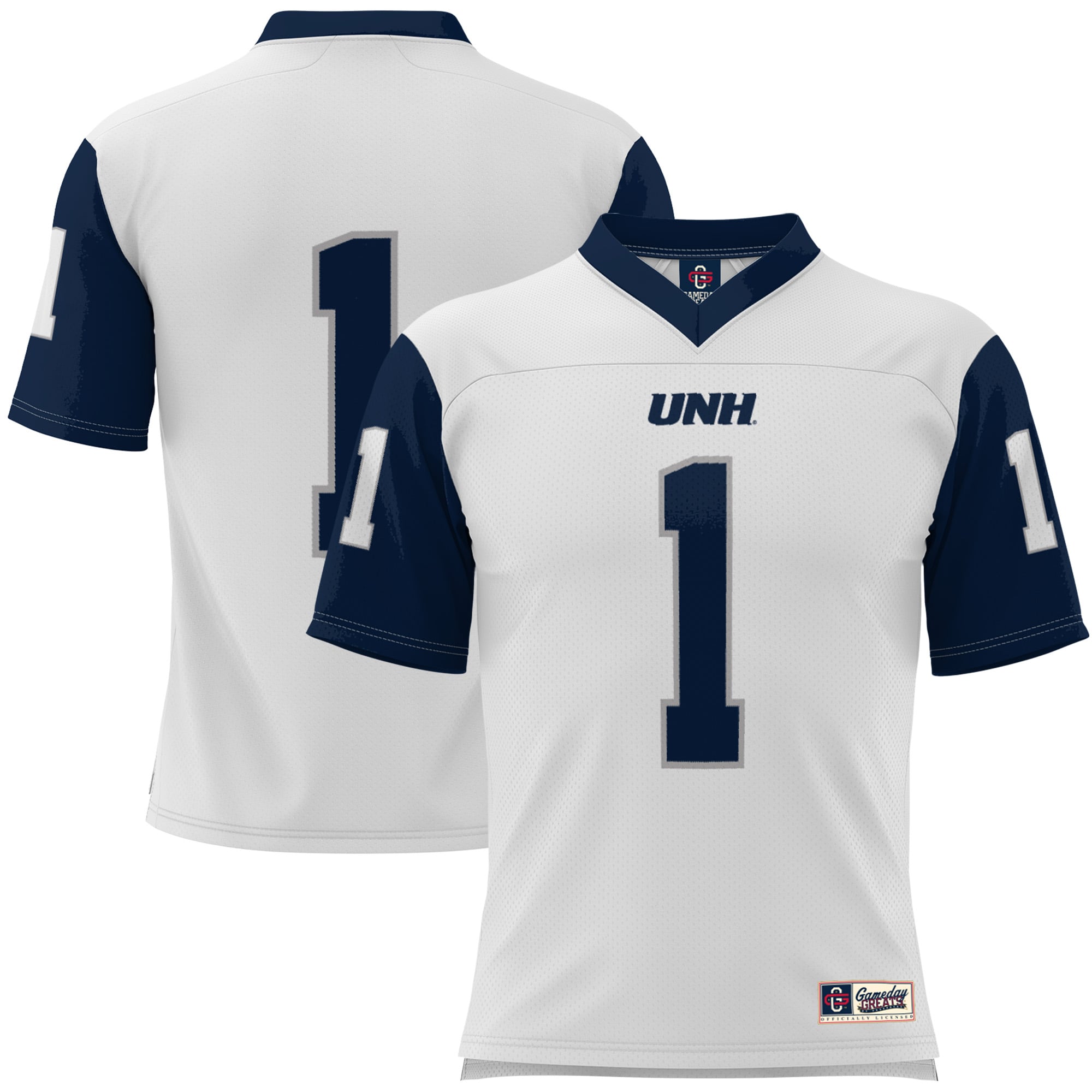 #1 New Hampshire Wildcats Youth Football Jersey White - front and back view