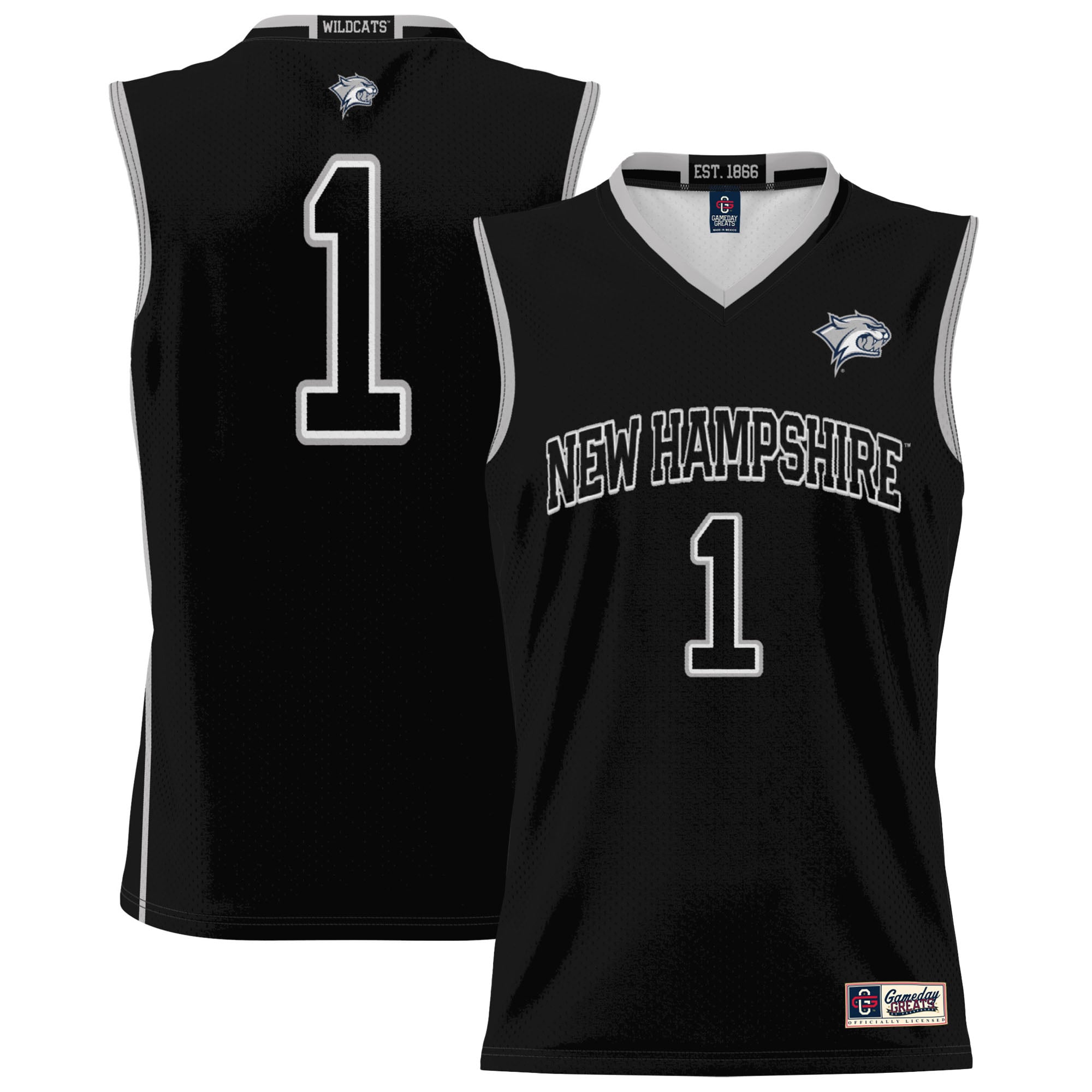 #1 New Hampshire Wildcats Unisex Lightweight Basketball Jersey Black - front and back view