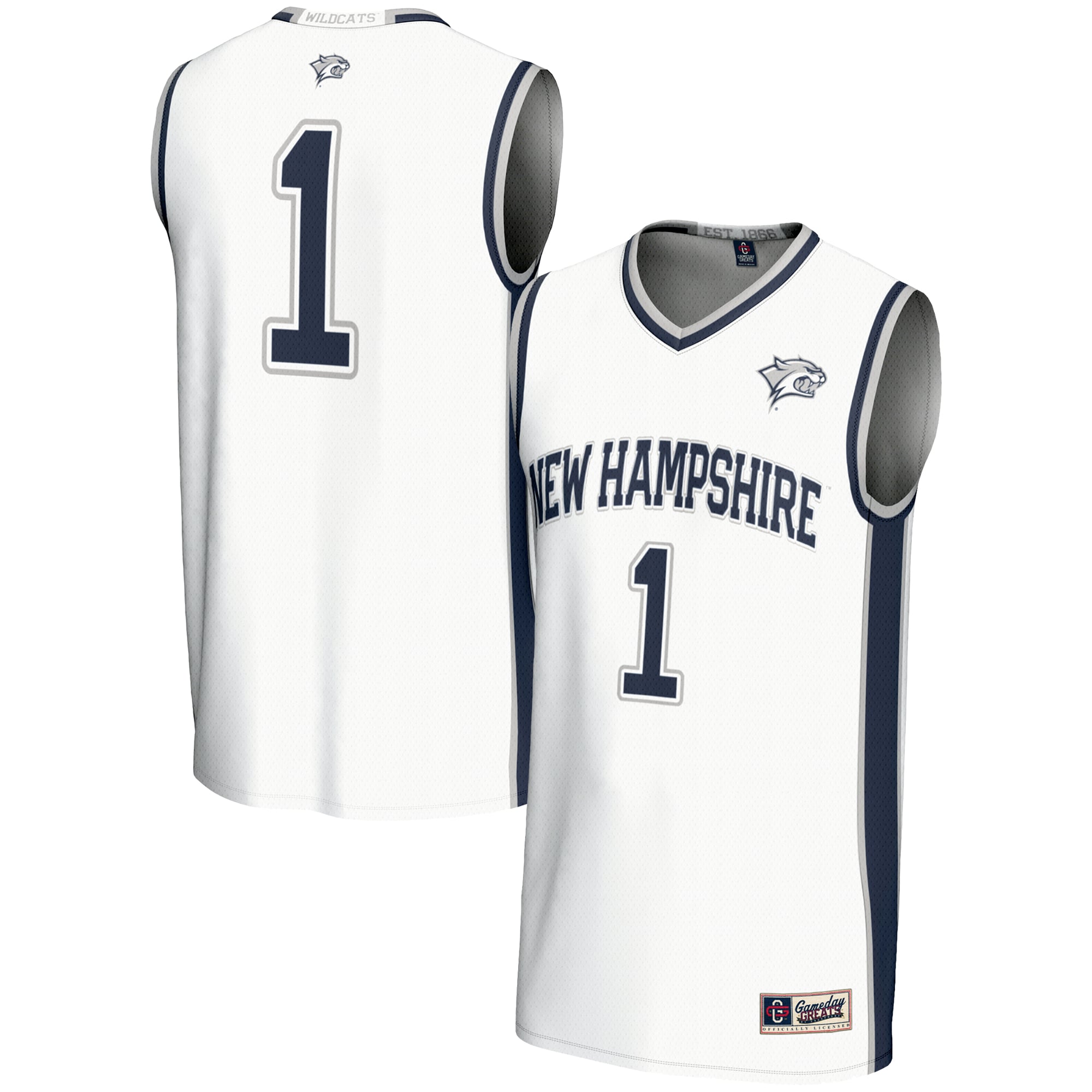 #1 New Hampshire Wildcats Unisex Lightweight Basketball Jersey White - front and back view