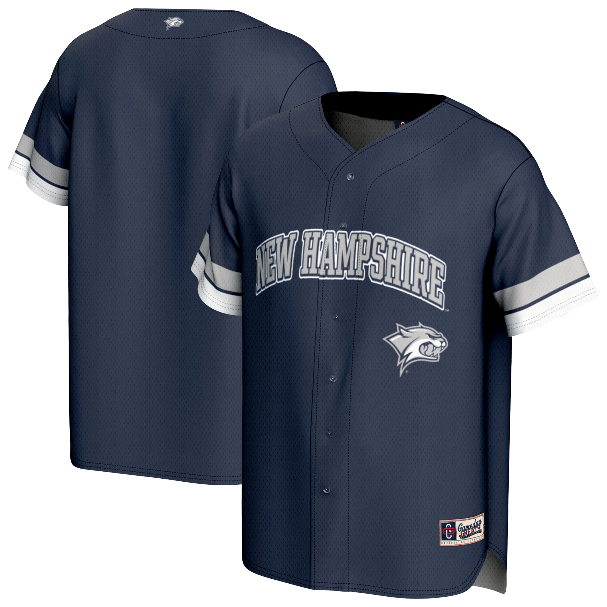 New Hampshire Wildcats Unisex Spirit Baseball Jersey Navy - front and back view