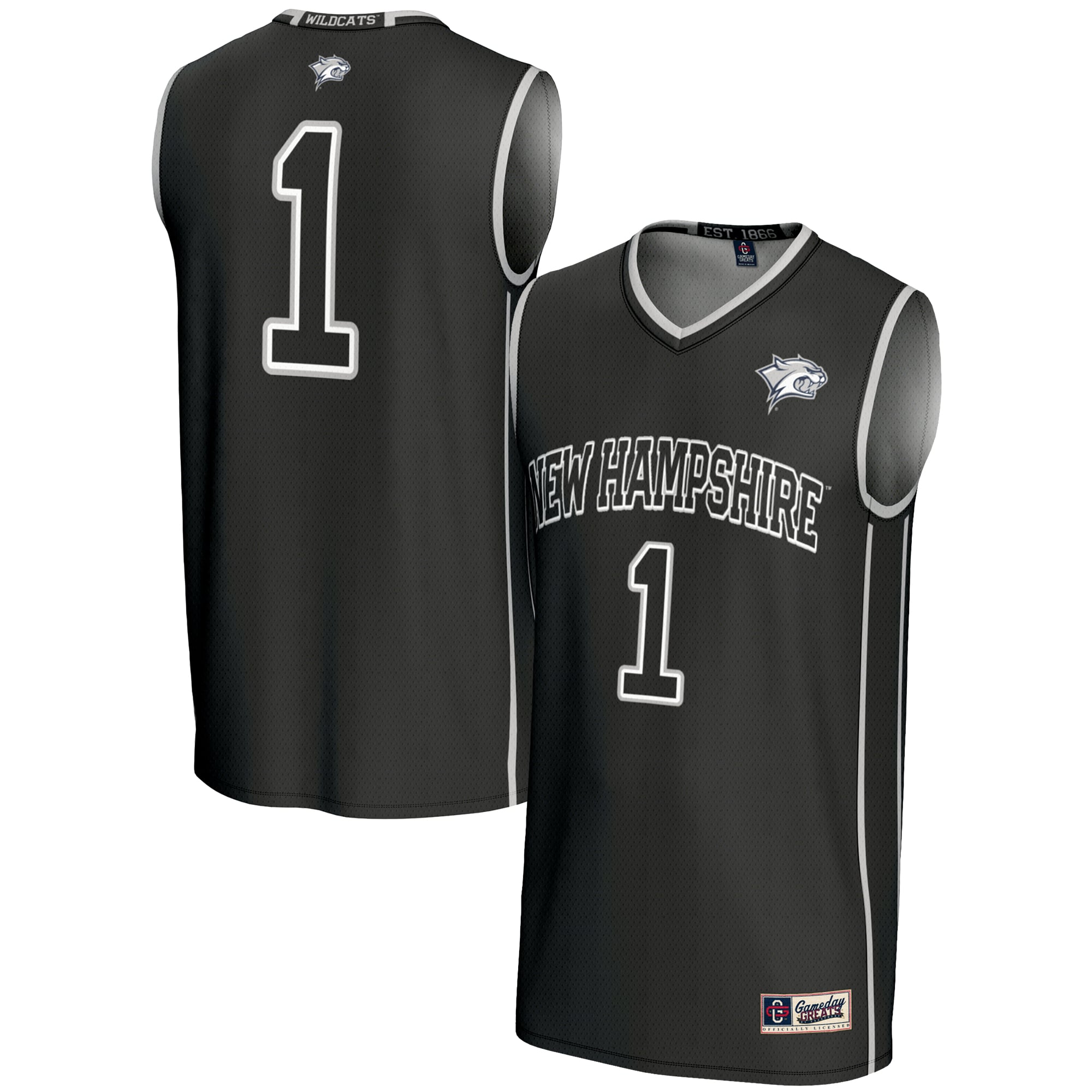 #1 New Hampshire Wildcats Youth Lightweight Basketball Jersey Black - front and back view