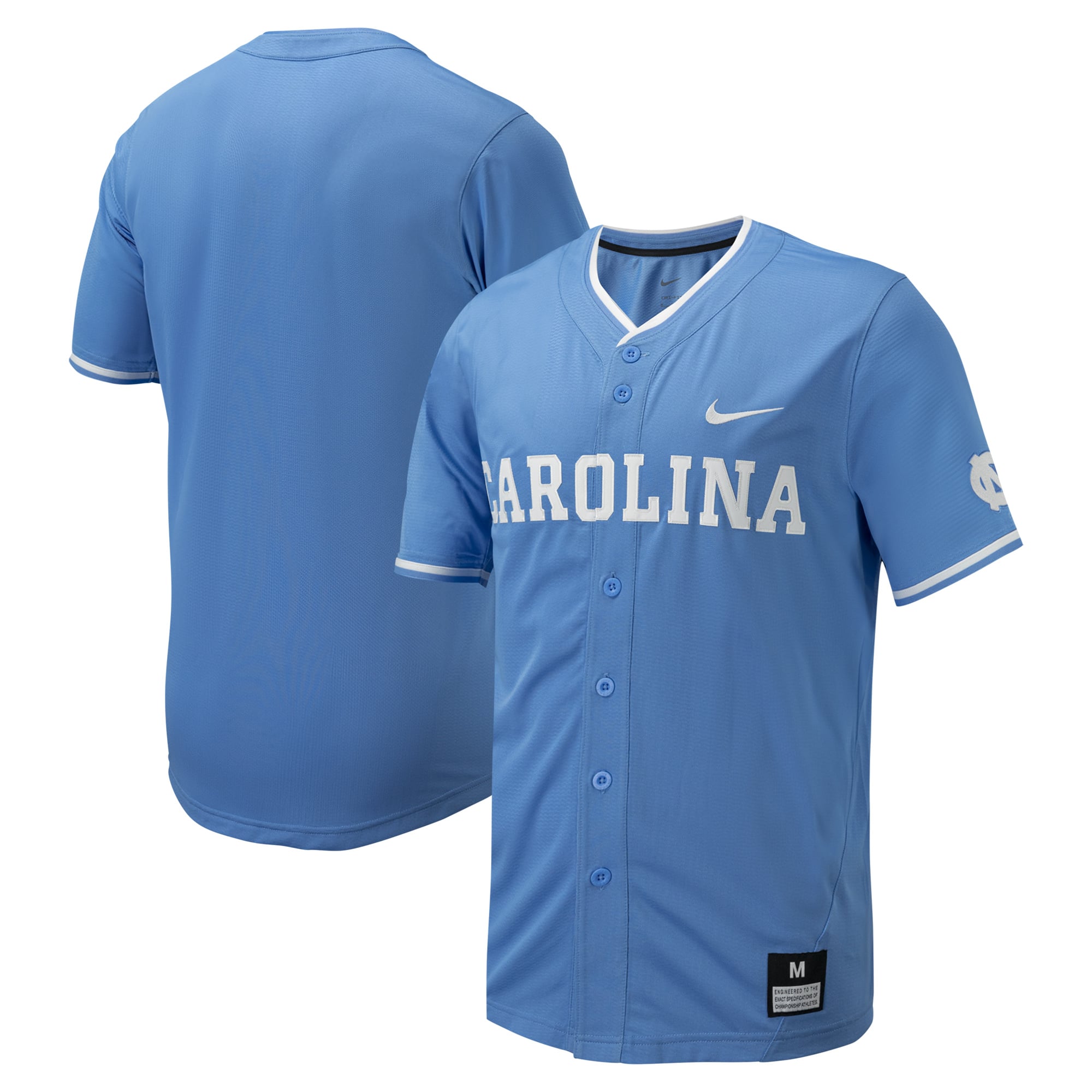 North Carolina Tar Heels Full-Button Baseball Jersey Carolina Blue - front and back view