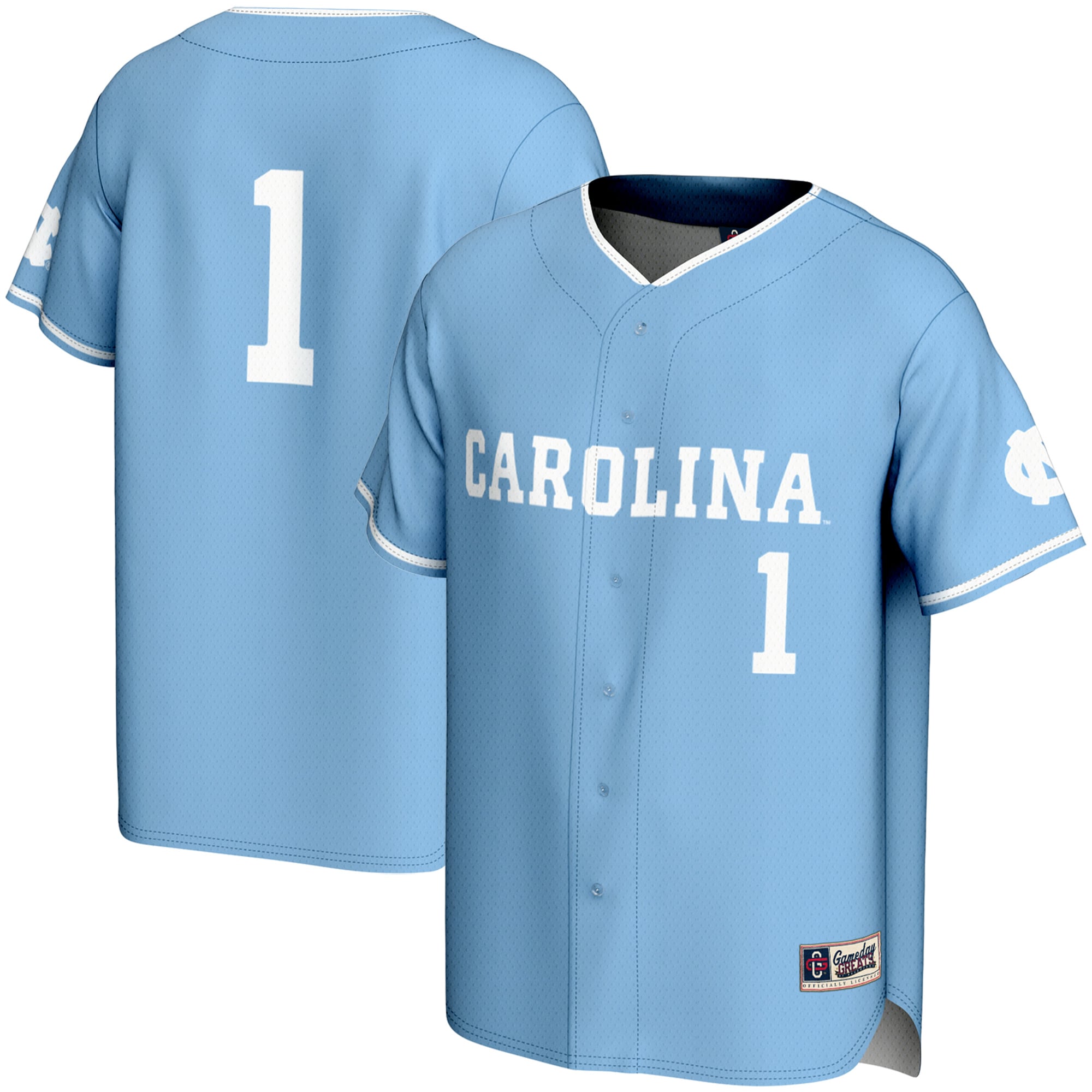 #1 North Carolina Tar Heels Lightweight Baseball Jersey Carolina Blue - front and back view