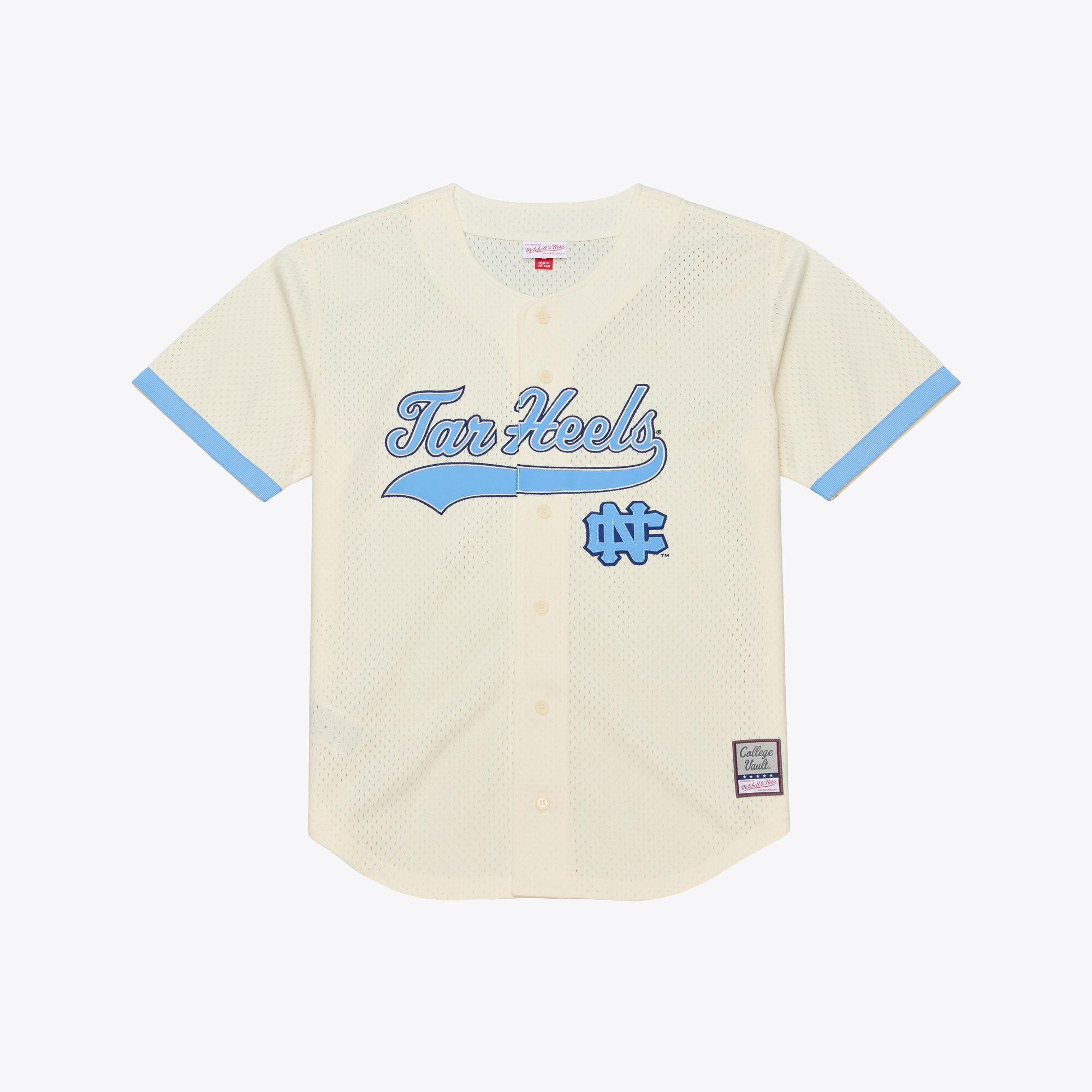North Carolina Tar Heels Mesh Button-Up Batting Practice Baseball Jersey - front and back view