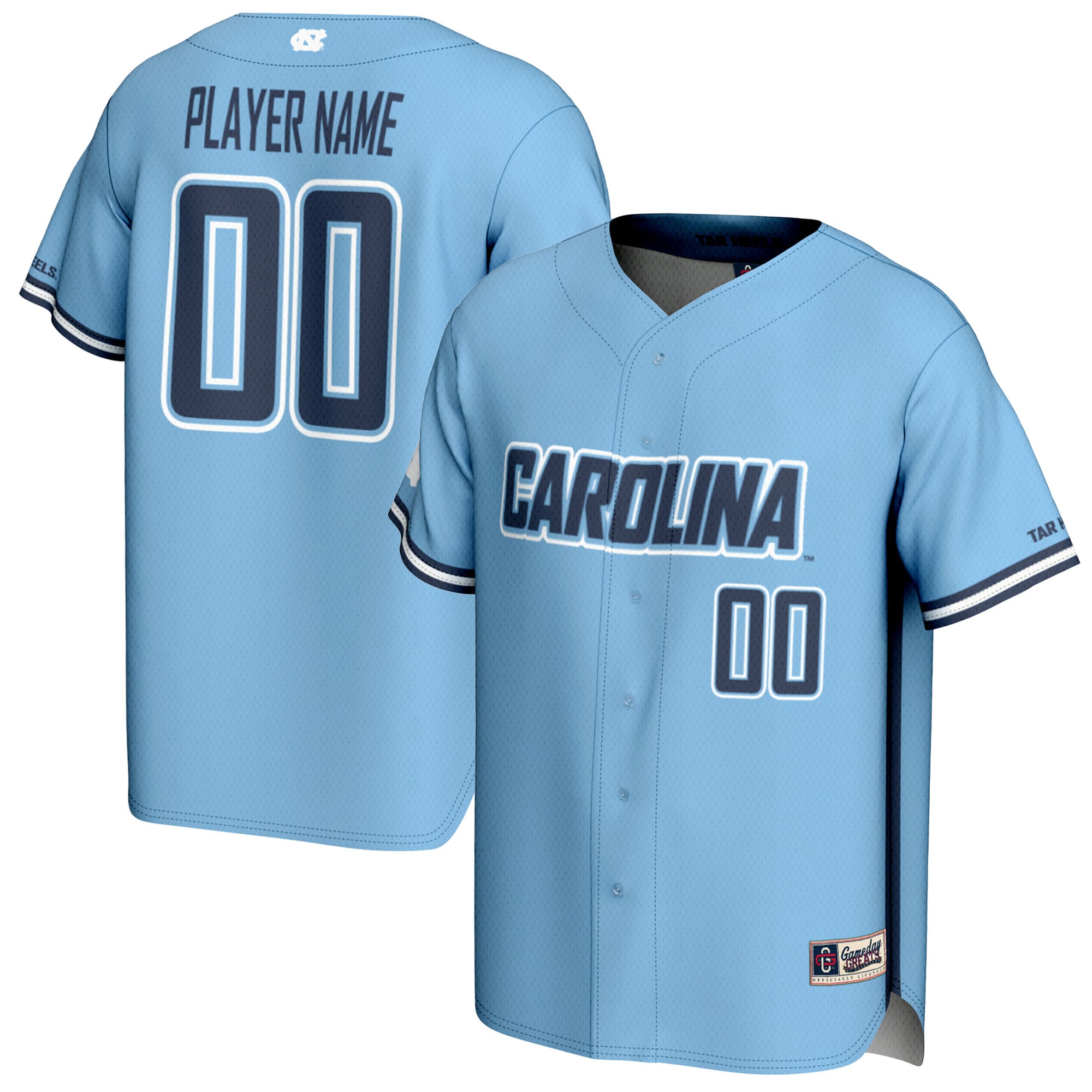 North Carolina Tar Heels Youth Baseball Lightweight Jersey Carolina Blue - front and back view