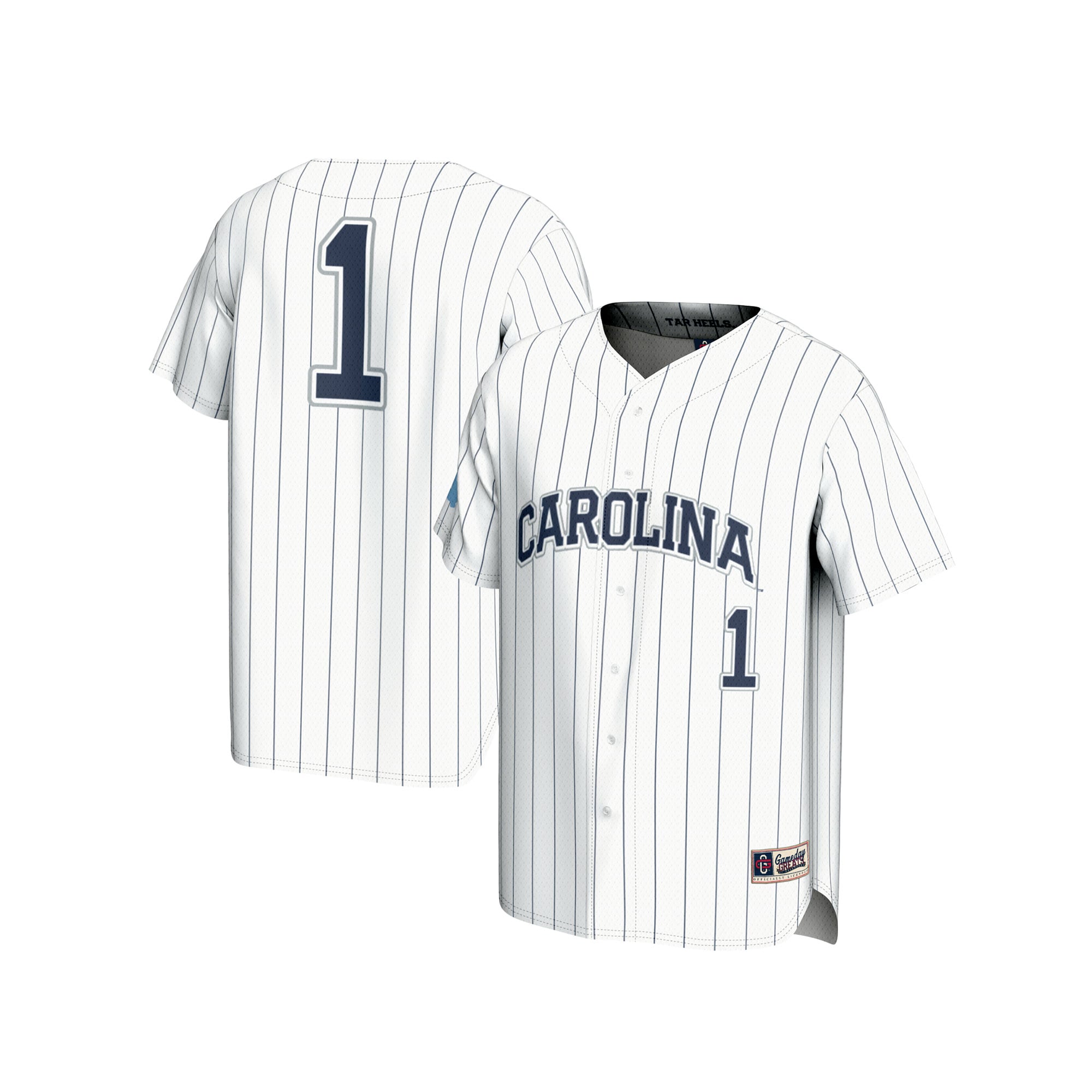 #1 North Carolina Tar Heels Unisex Lightweight Baseball Fashion Jersey White - front and back view