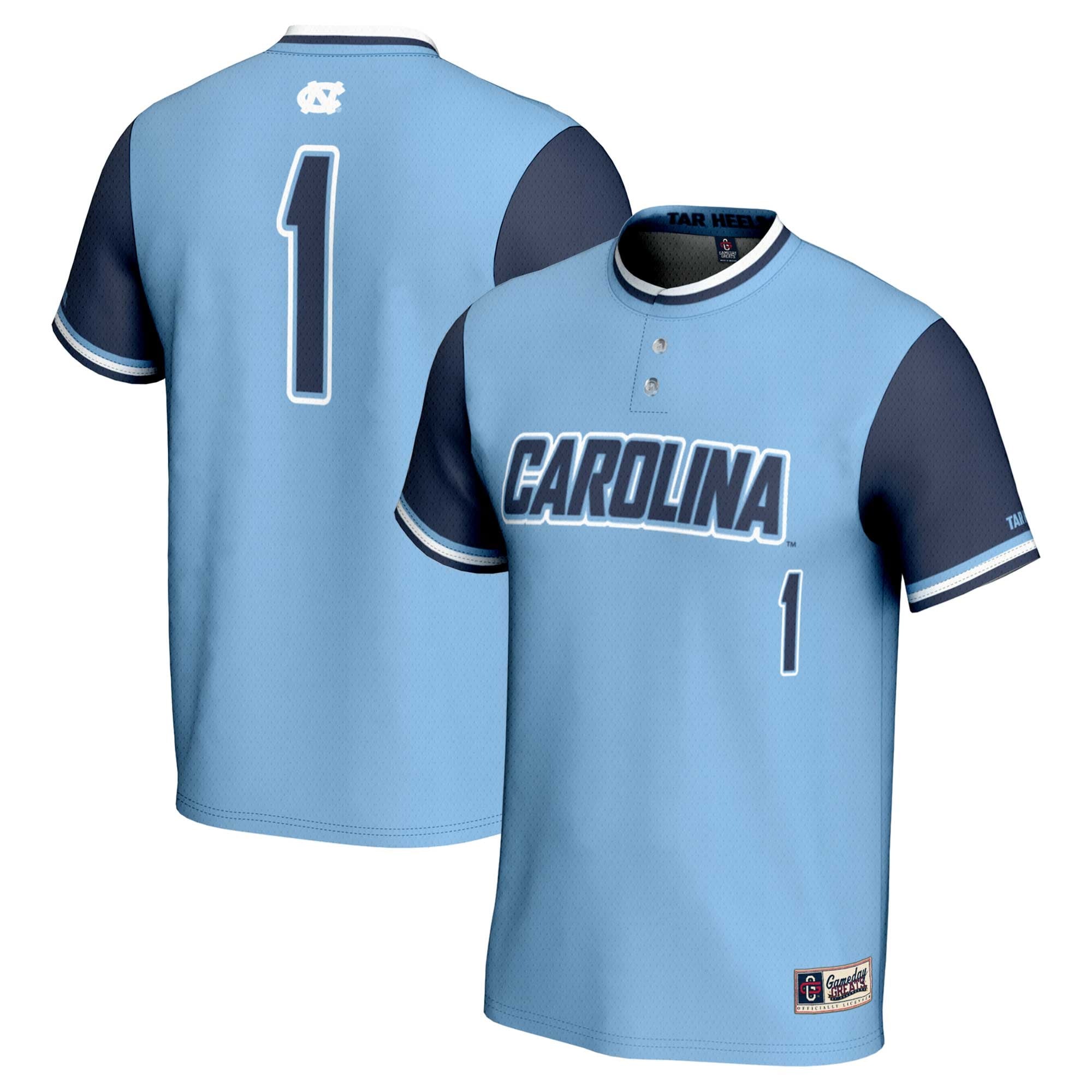 #1 North Carolina Tar Heels Unisex Lightweight Softball Jersey Carolina Blue - front and back view