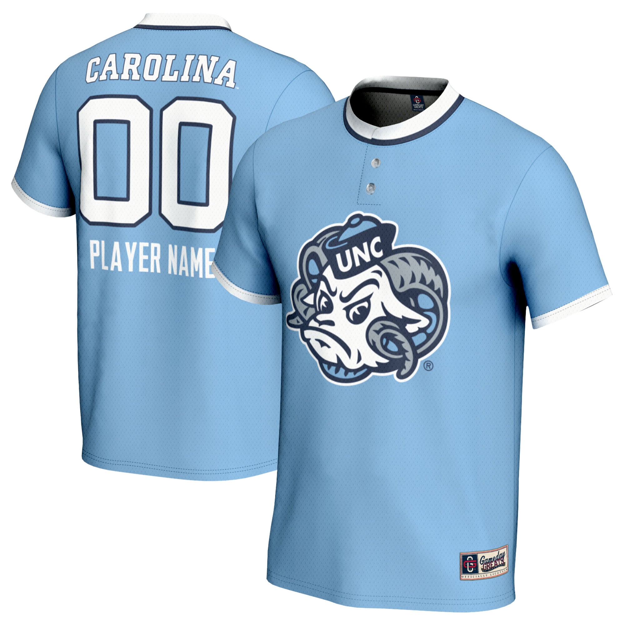 North Carolina Tar Heels Unisex Lightweight Softball Mascot Jersey Carolina - front and back view