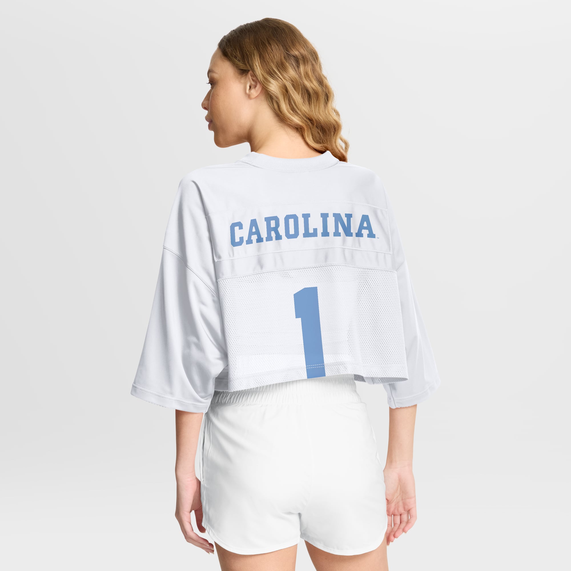 North Carolina Tar Heels Women's Cropped Mesh Fashion Jersey White - model back view