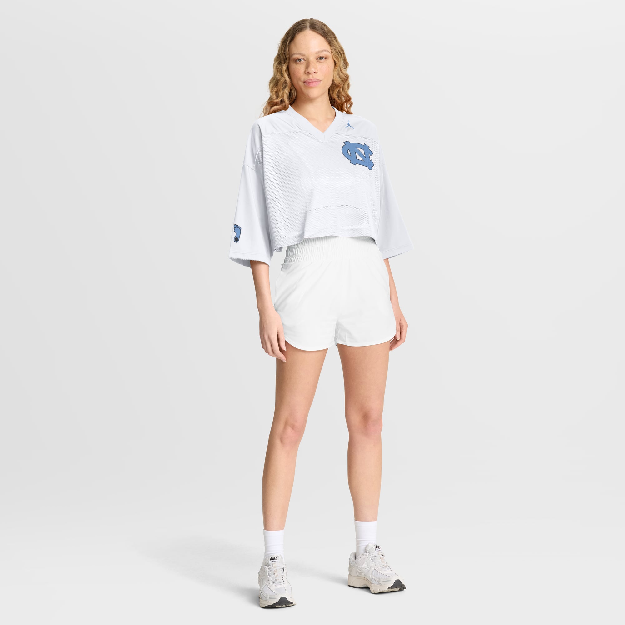 North Carolina Tar Heels Women's Cropped Mesh Fashion Jersey White - model side view