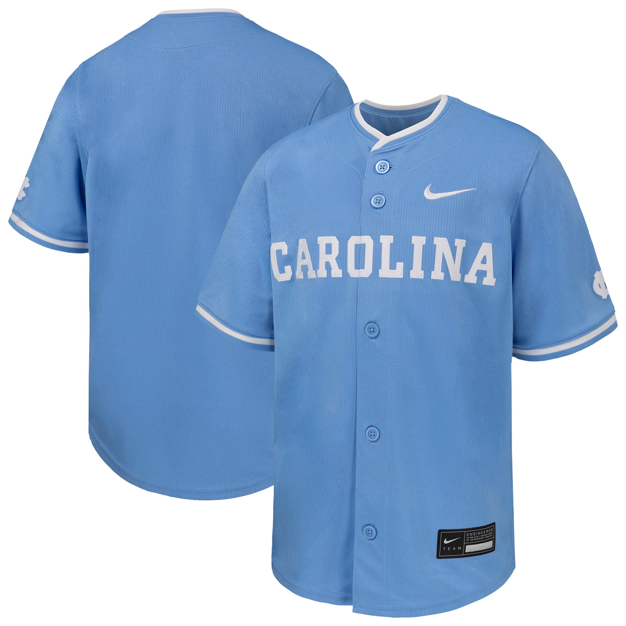North Carolina Tar Heels Youth Baseball Jersey Carolina Blue - front and back view