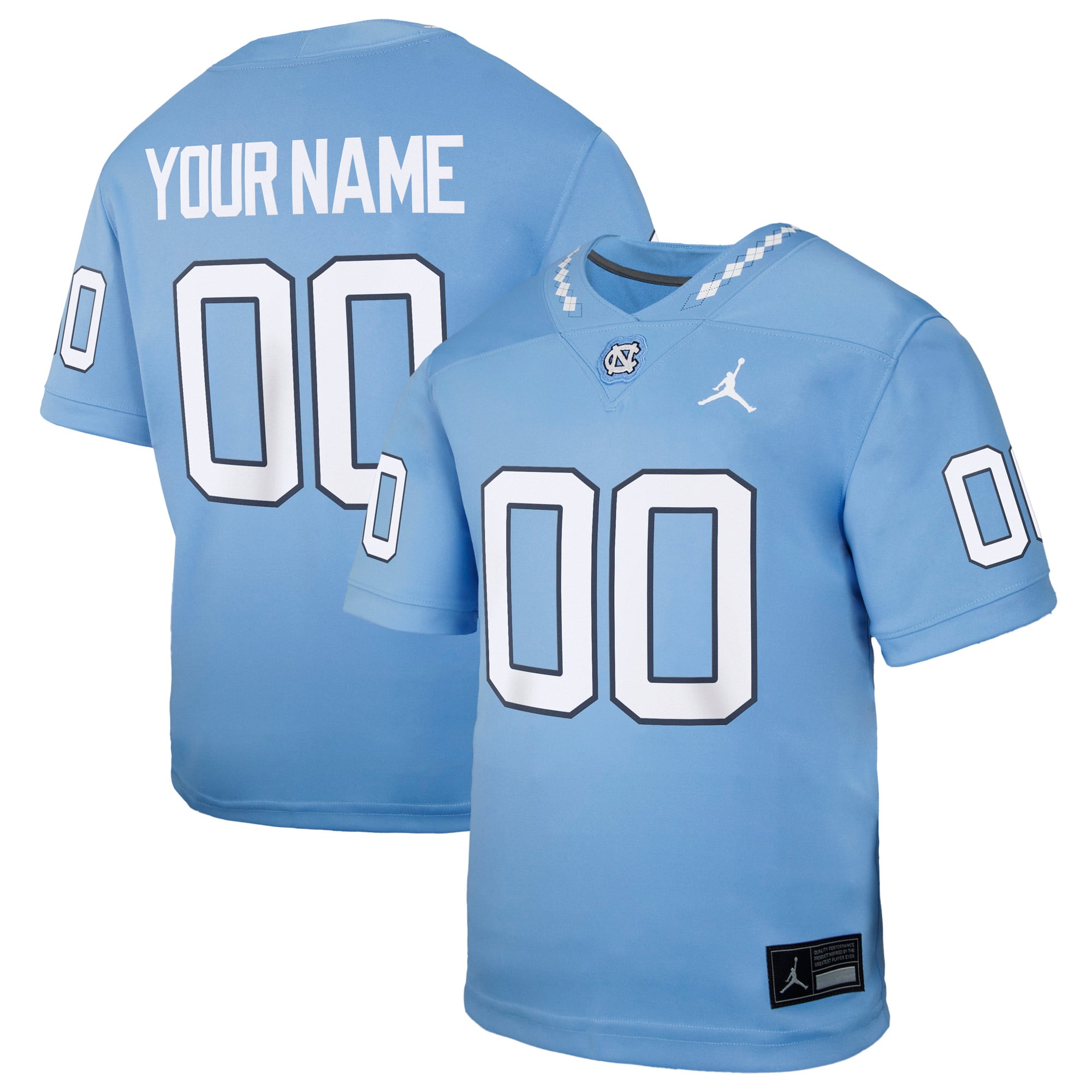 North Carolina Tar Heels Youth Custom Football Jersey Carolina Blue - front and back view
