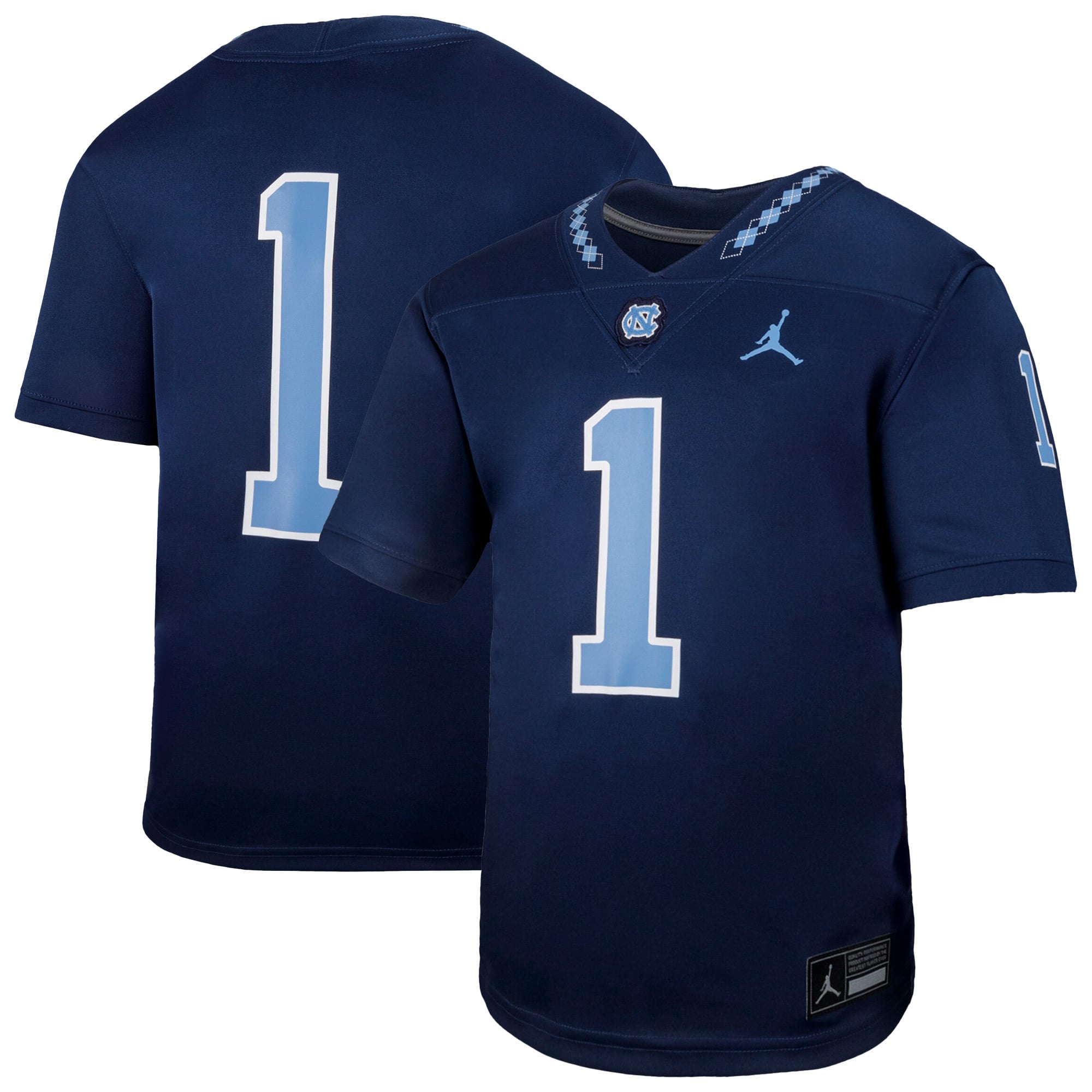 #1 North Carolina Tar Heels Youth Football Jersey Navy - front and back view