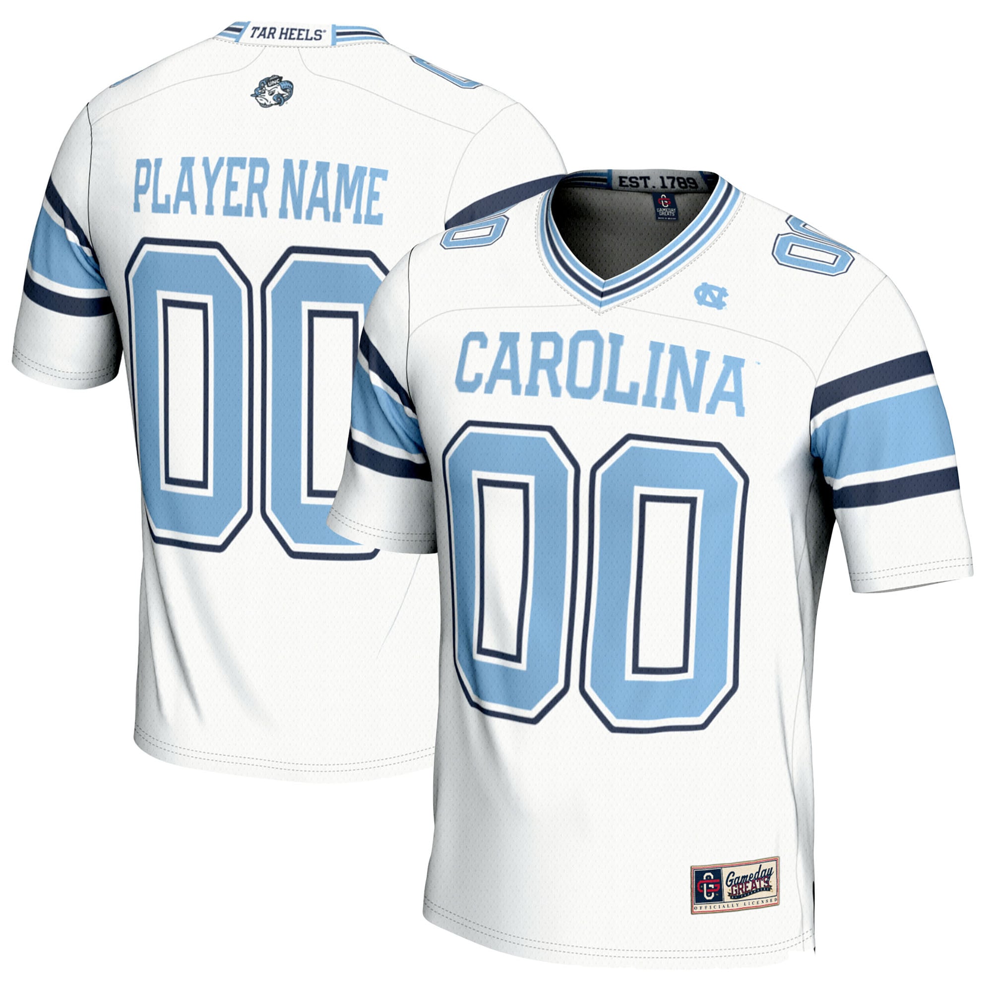 North Carolina Tar Heels Youth Football Jersey White - front and back view