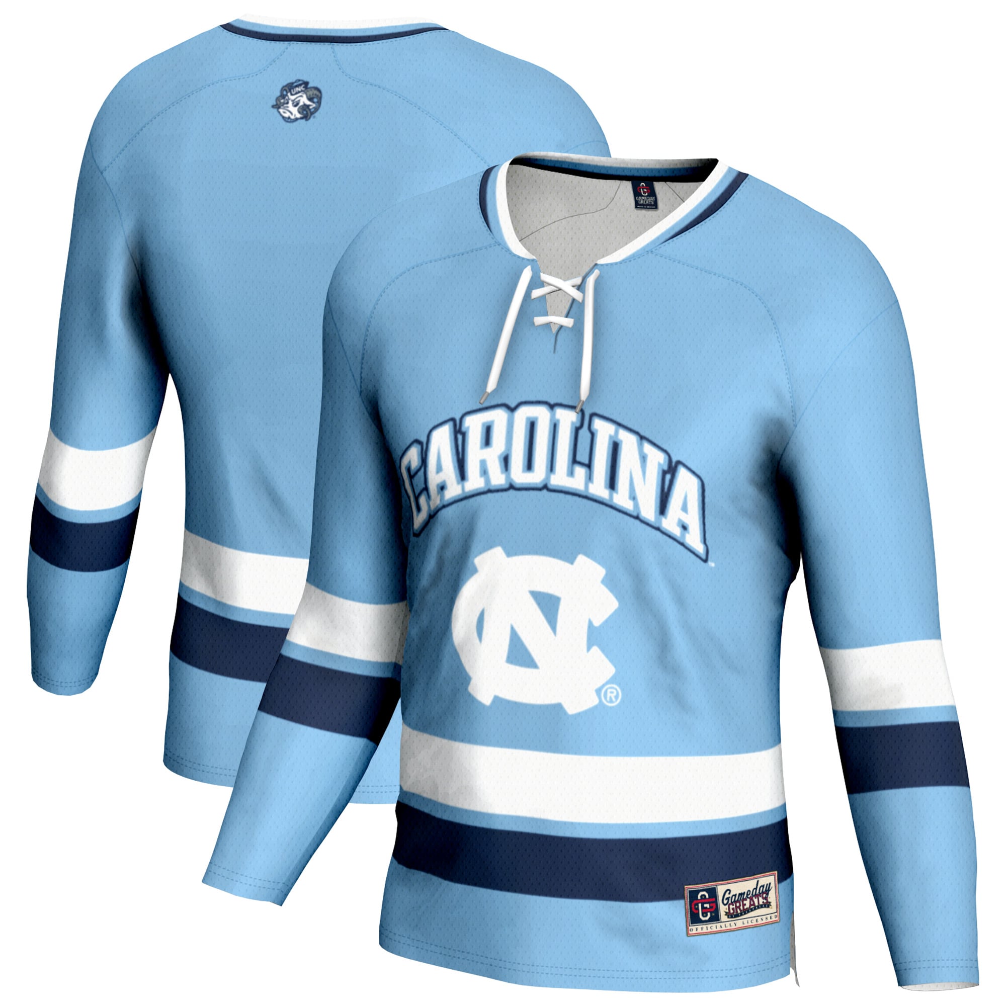North Carolina Tar Heels Youth Hockey Jersey Light Blue - front and back view